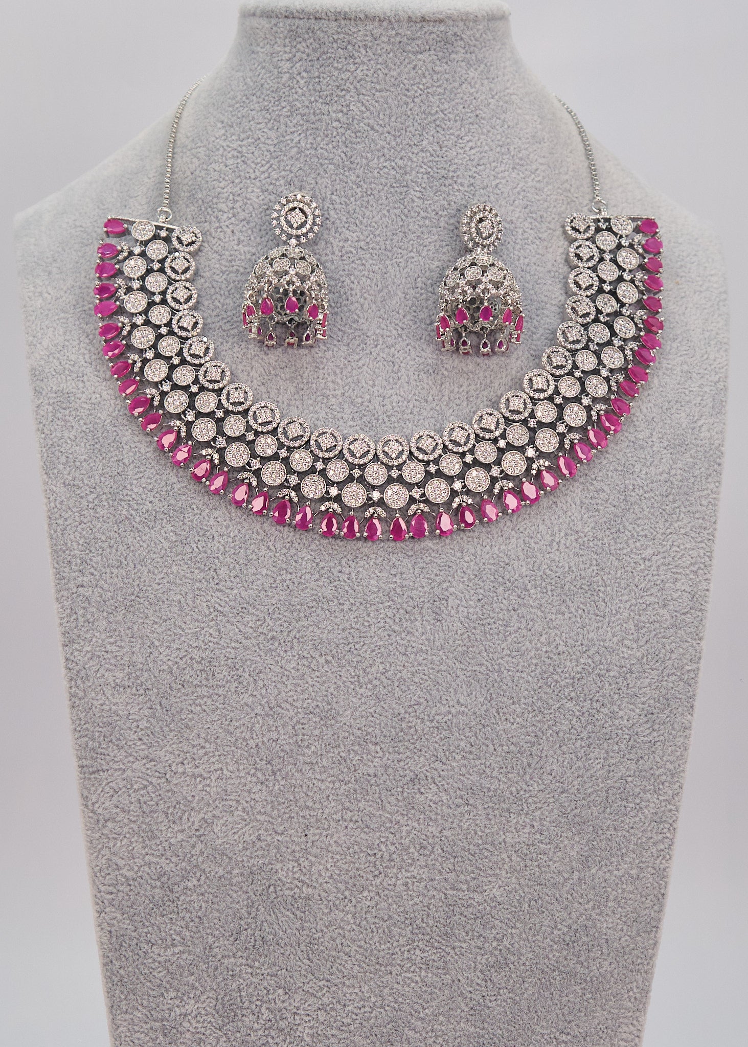 Ruby American Diamond Necklace Set With Jhumki
