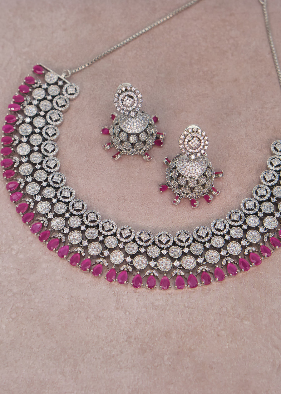 Ruby American Diamond Necklace Set With Jhumki