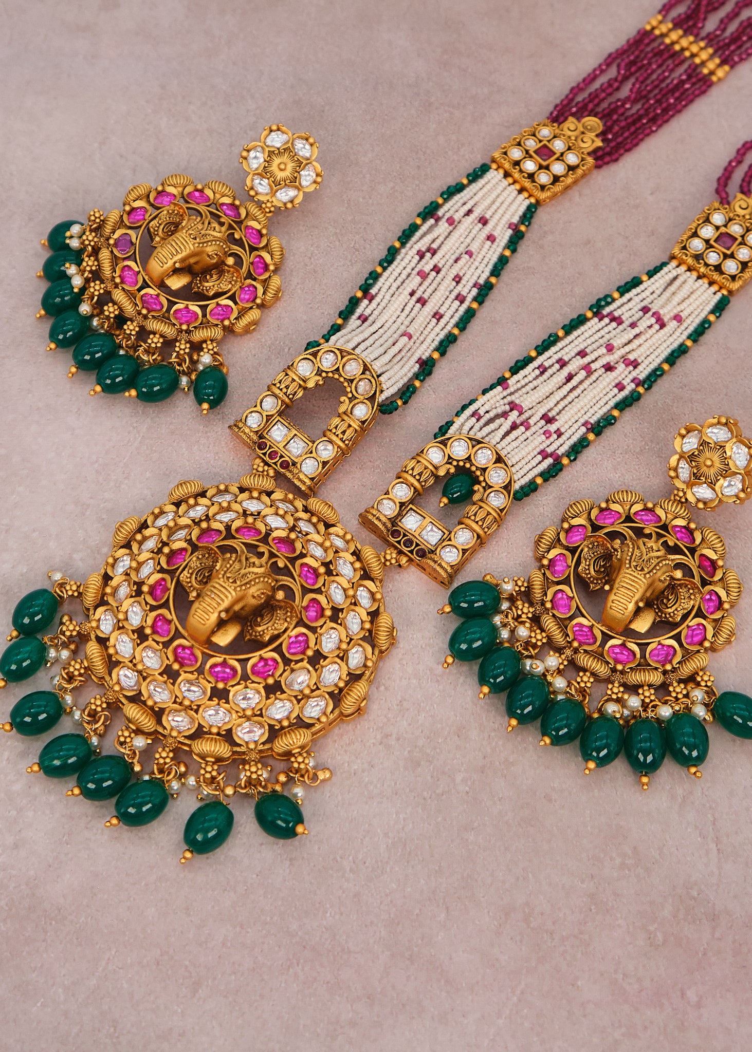 Traditional Kemp Stone Elephant Face Necklace Set