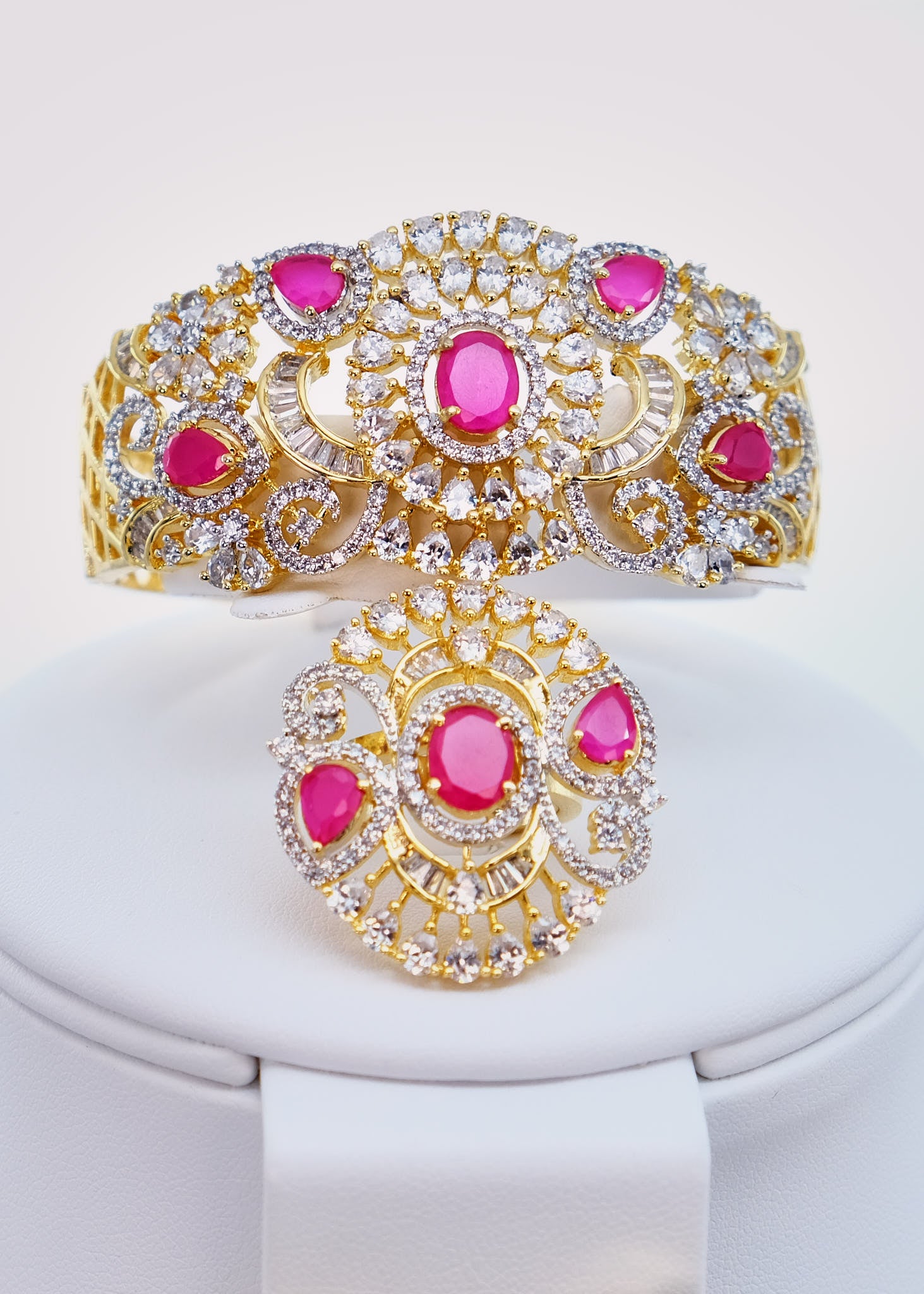 Ruby Gold Zirconia Jewelry Set Comes With Ring & Bracelet