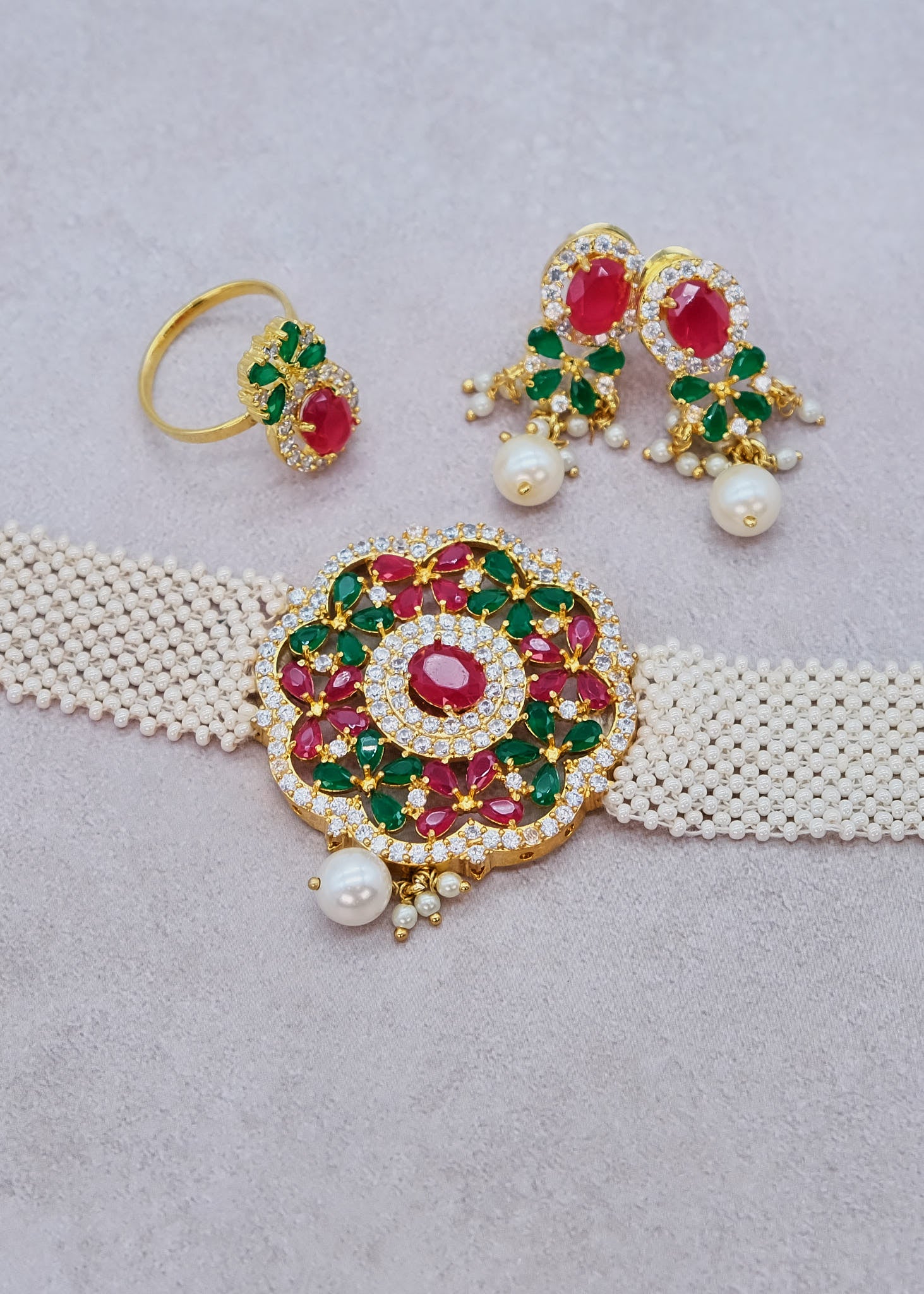 Ivory Pearl Chatai Multicolor Diamond Necklace Choker Set