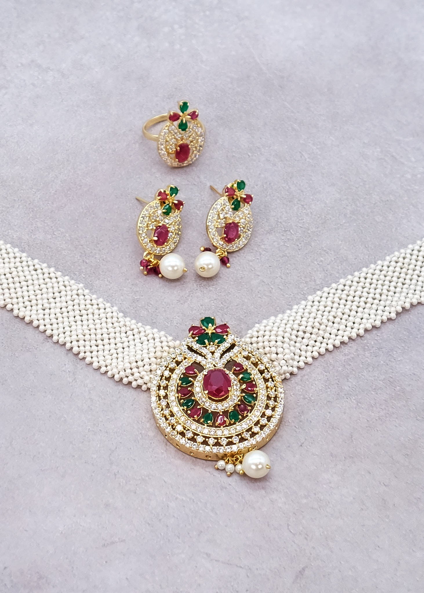 Ivory Pearl Chatai Multicolor Diamond Necklace Choker Set