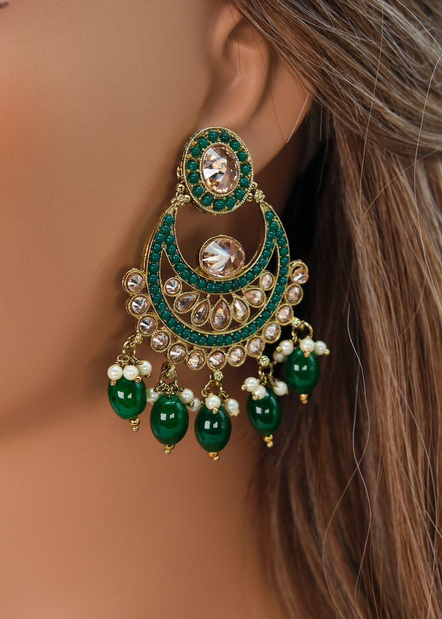 Nyra Polki Earrings With Tikka Set - Emerald Green