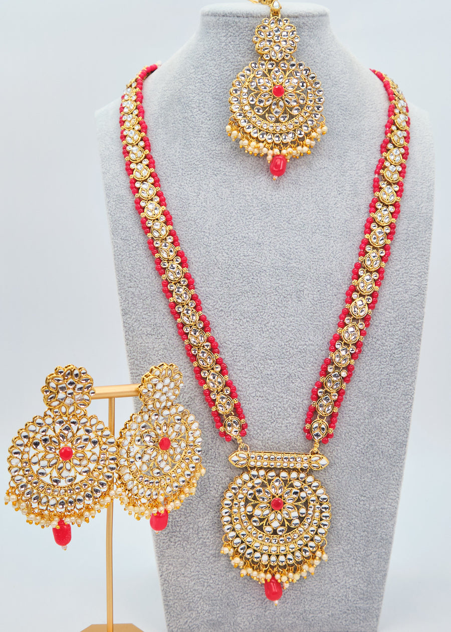 Red Long Kundan Necklace With Maang Tikka Set