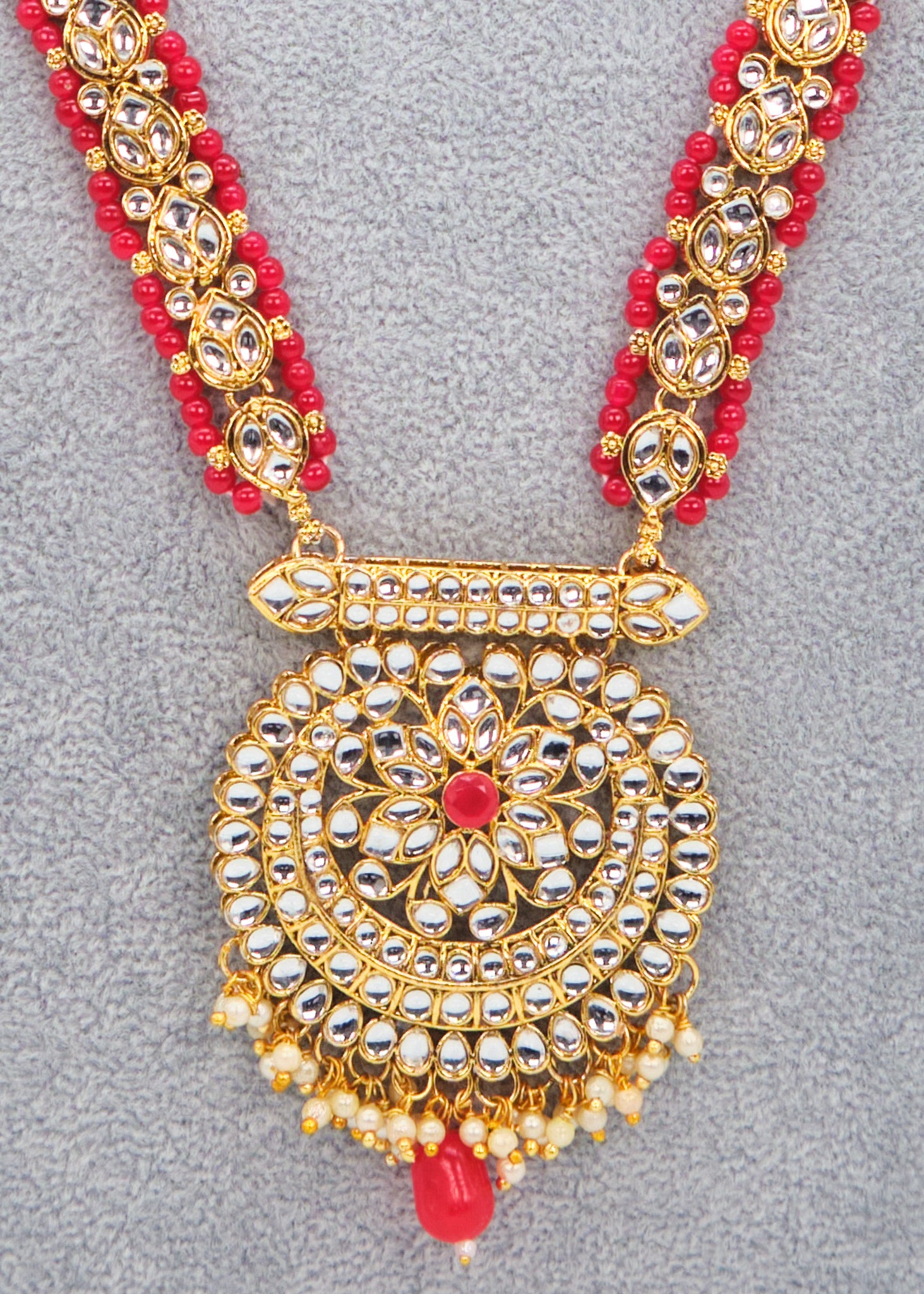 Red Long Kundan Necklace With Maang Tikka Set