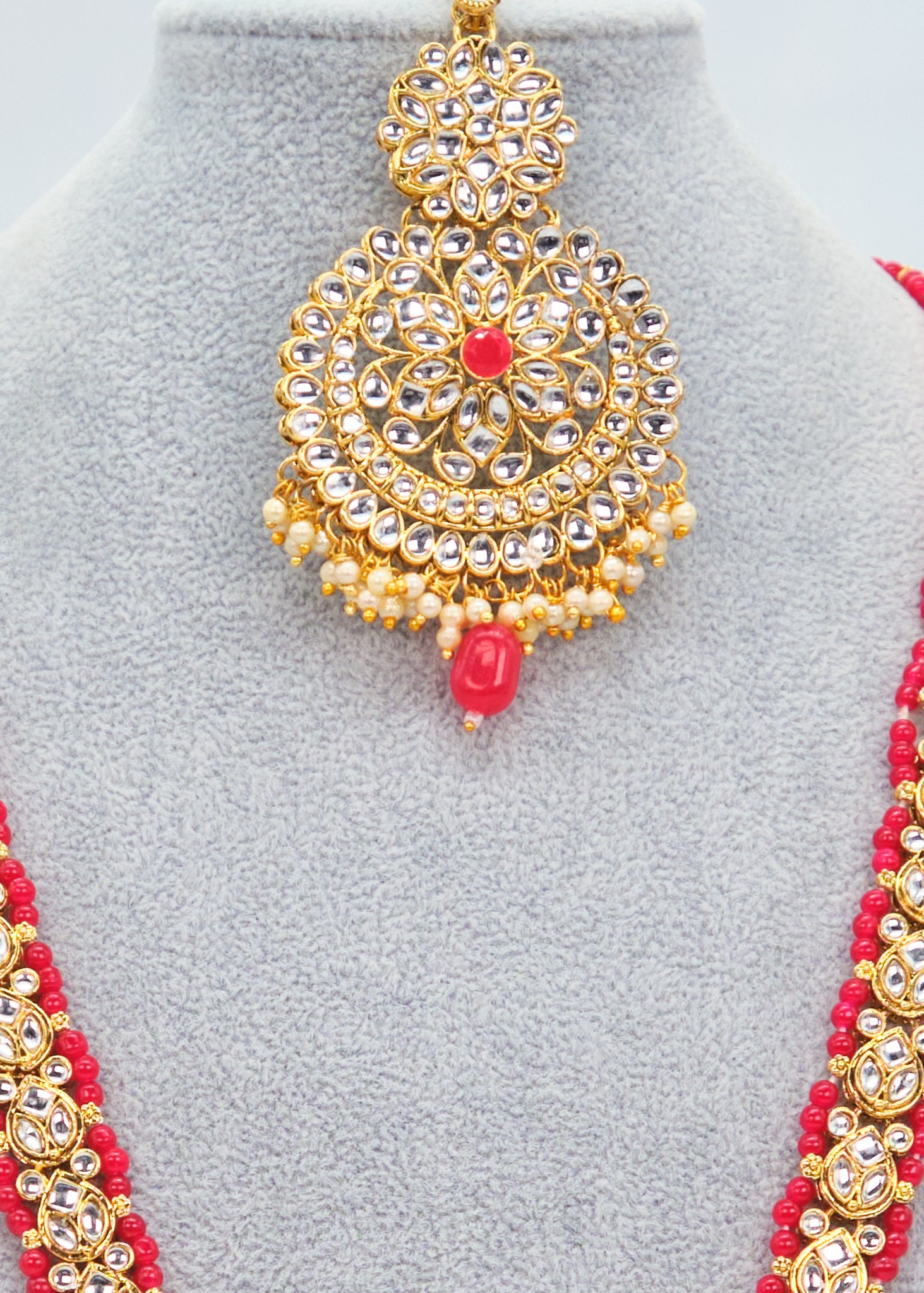 Red Long Kundan Necklace With Maang Tikka Set