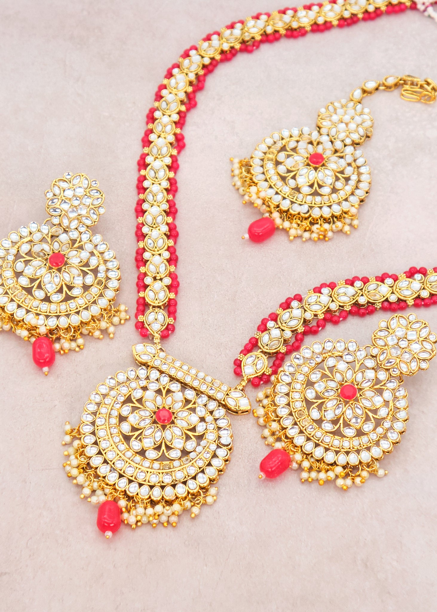 Red Long Kundan Necklace With Maang Tikka Set