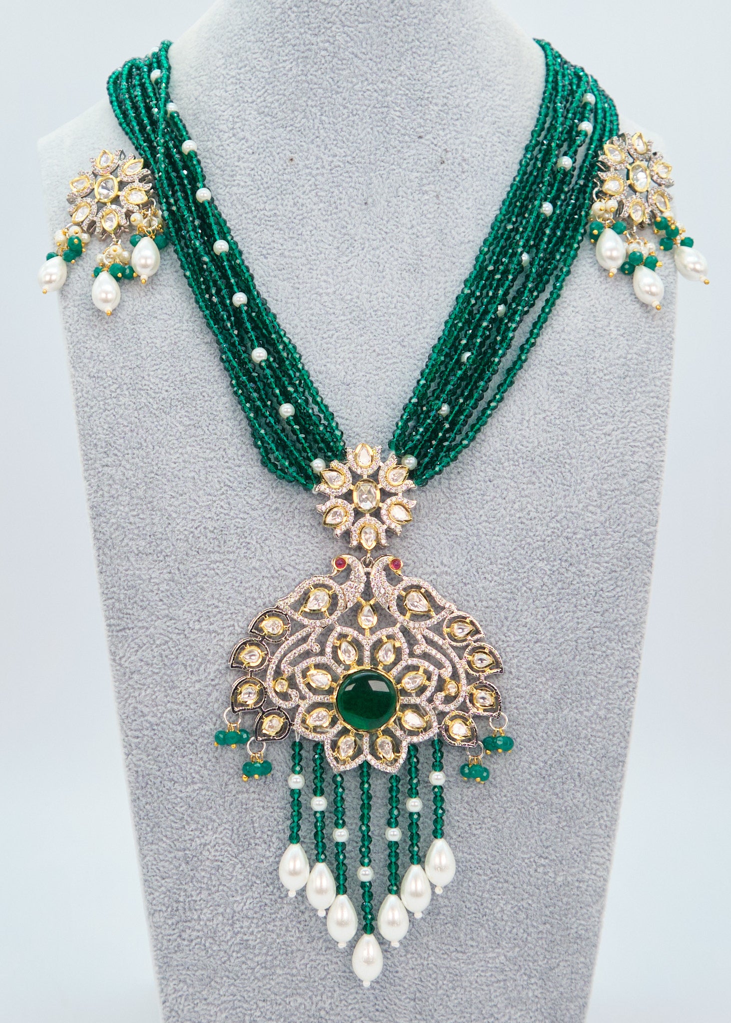 Tyaani Kundan Double Peacock Mala Necklace Set - Emerald