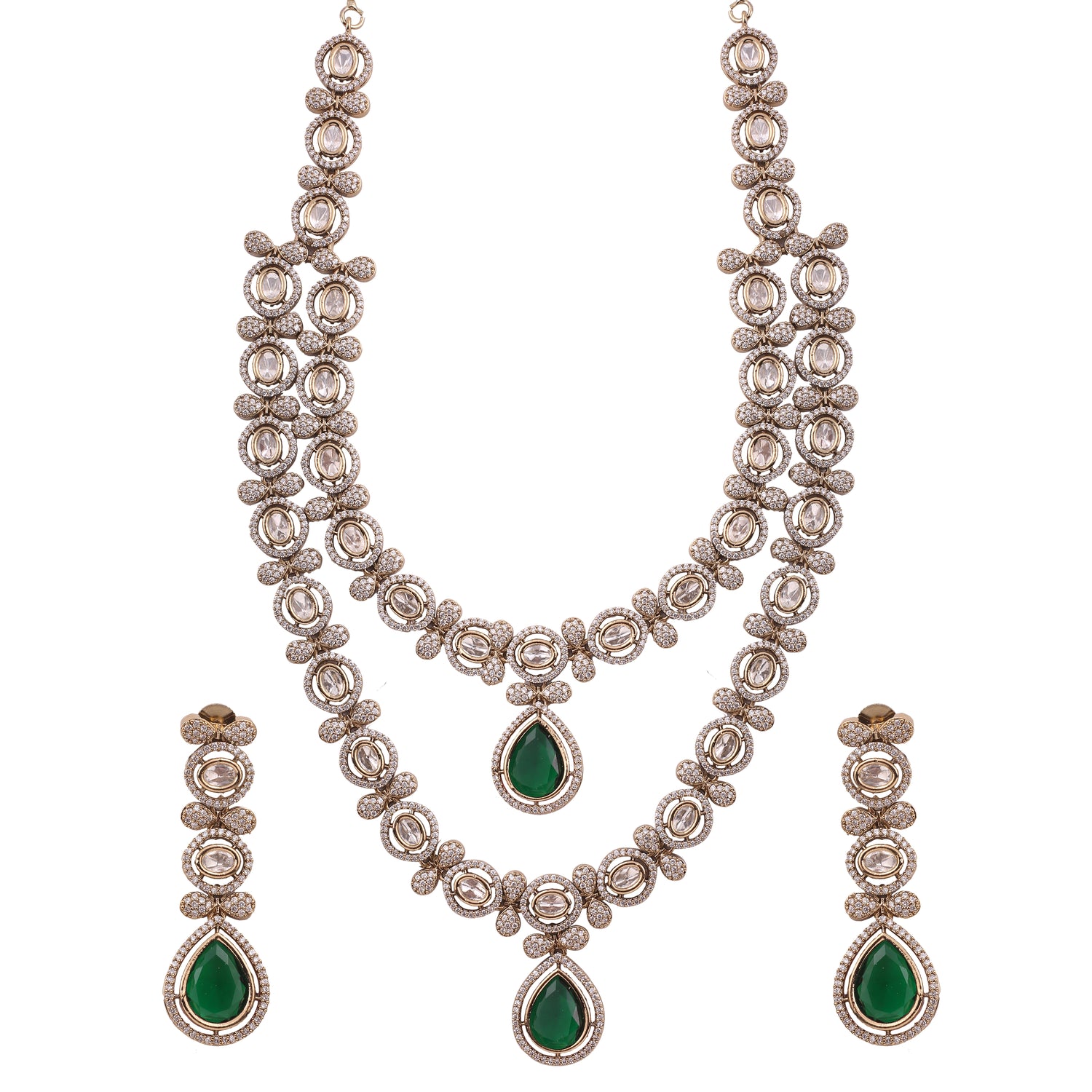 Emerald Victorian AD Moissanite Double Layer Necklace Set