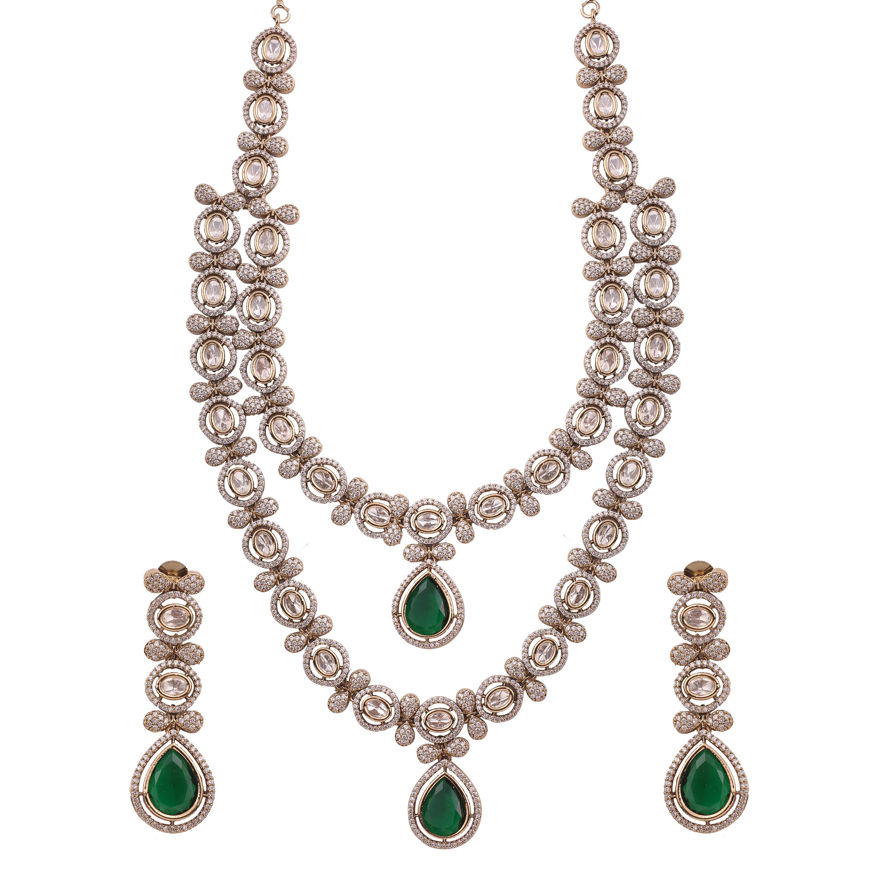 Emerald Victorian AD Moissanite Double Layer Necklace Set