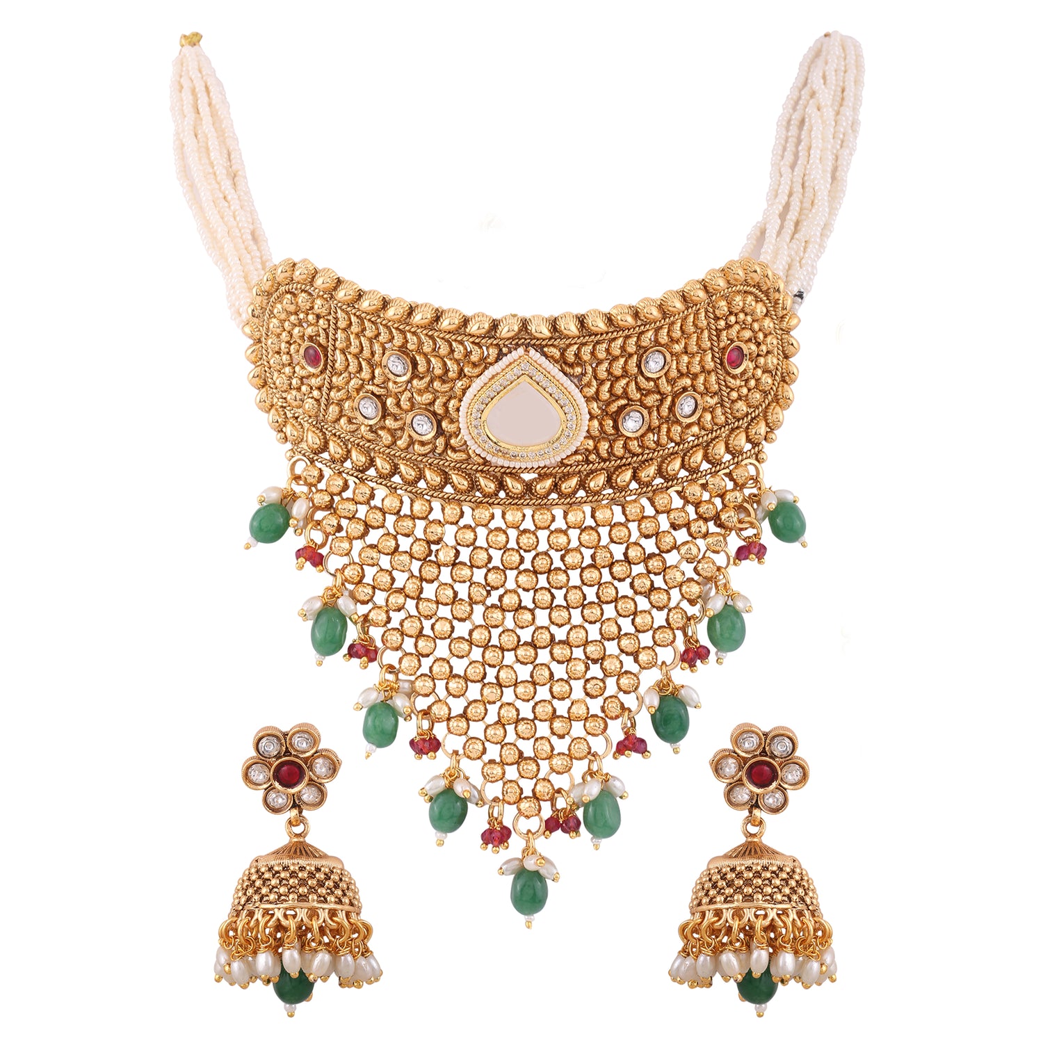 Antique Gold Multicolor Pearl Choker Necklace Set