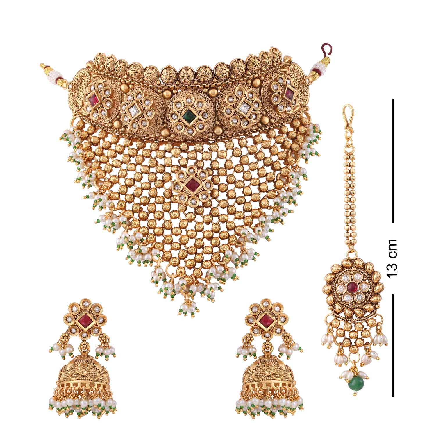 Antique Gold Multicolor Choker Necklace Set With Maang Tikka