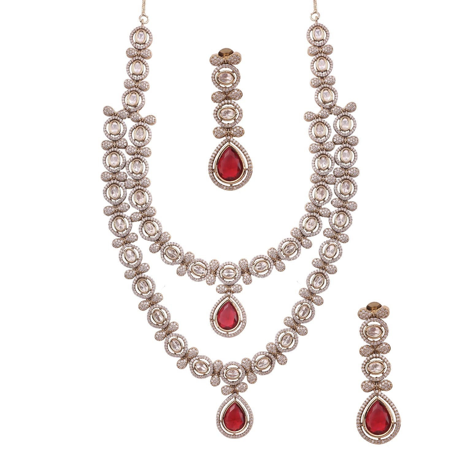 Ruby Red Victorian AD Moissanite Double Layer Necklace Set