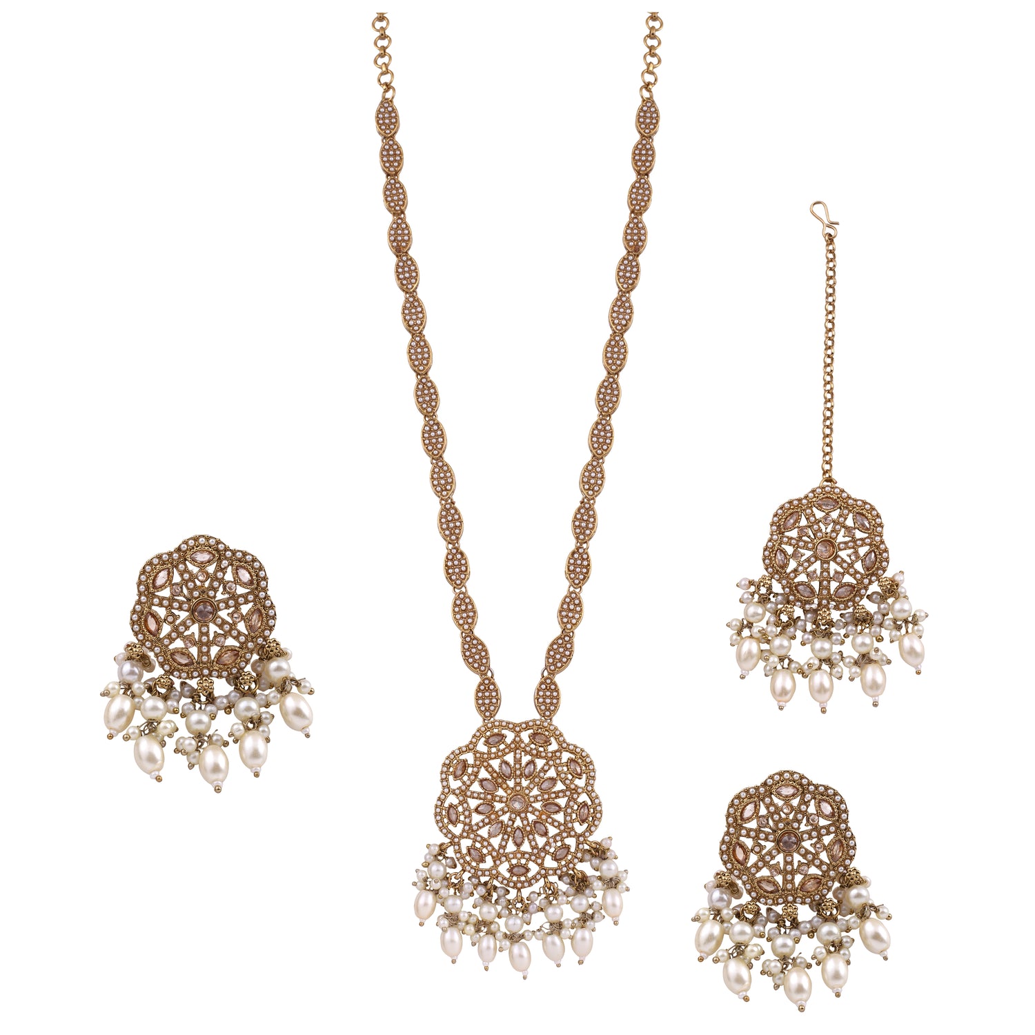 Pearl Long Necklace Set With Maang Tikka