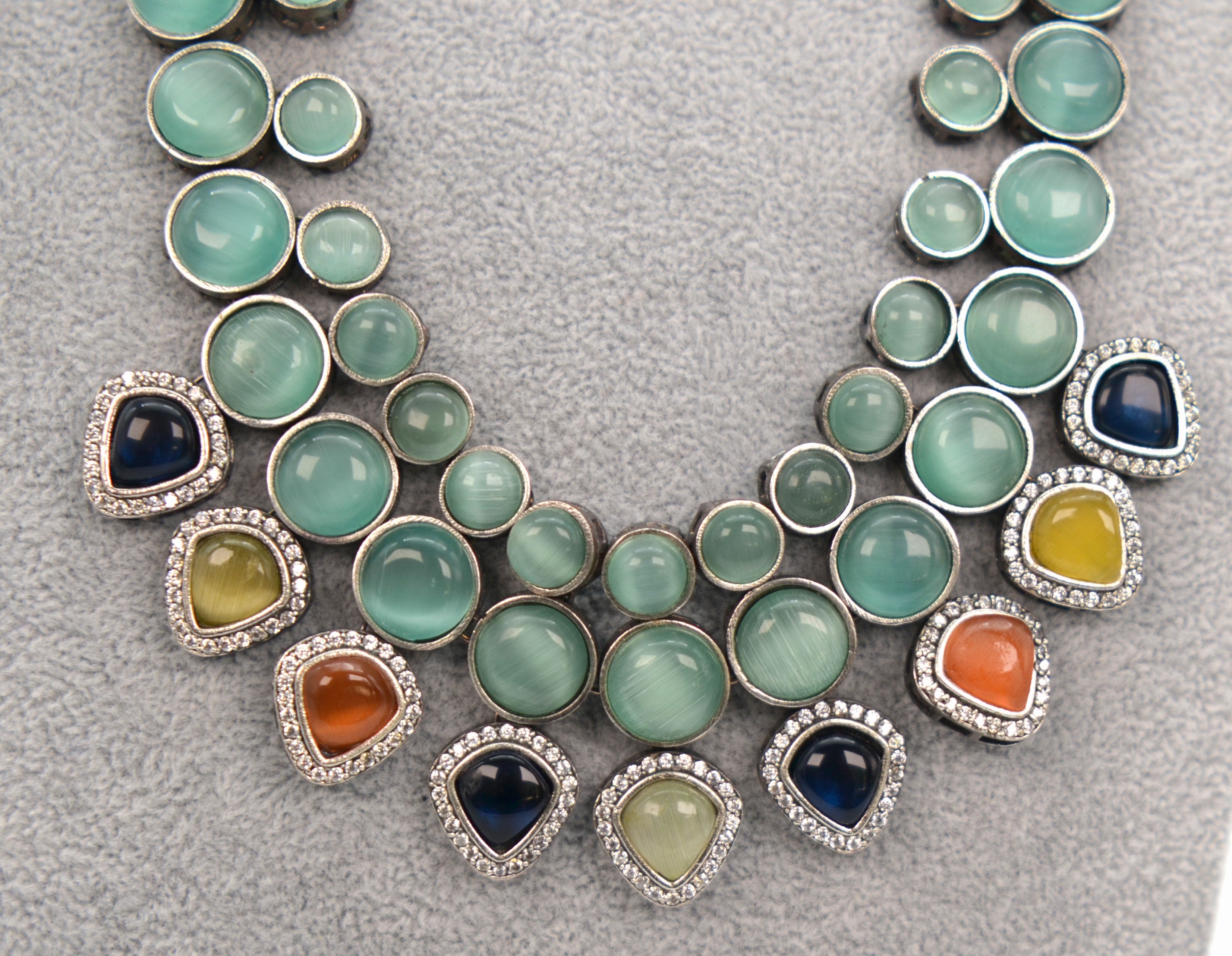 GS Multi Monalisa Stone Beads CZ Statement Necklace Set