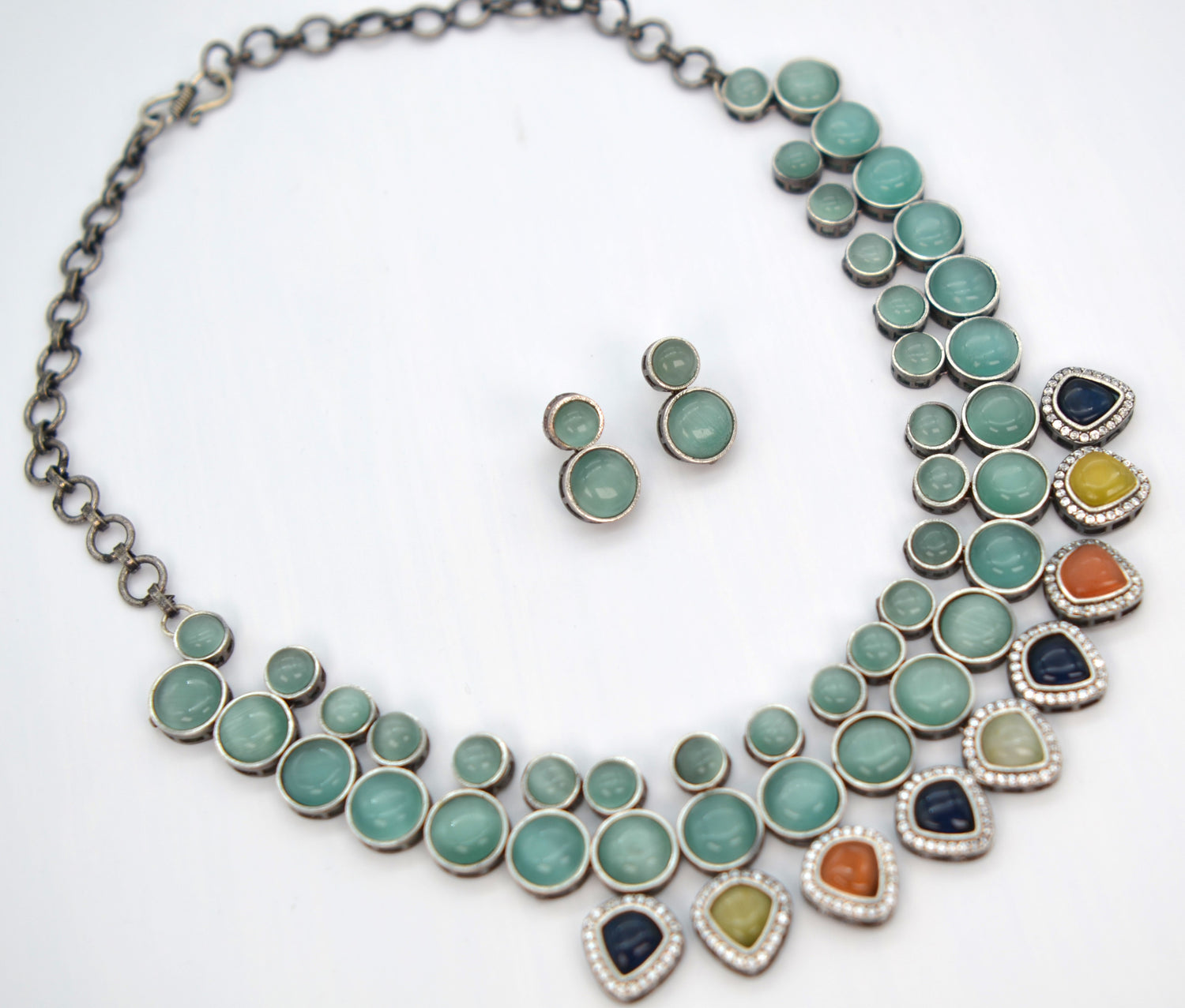 GS Multi Monalisa Stone Beads CZ Statement Necklace Set