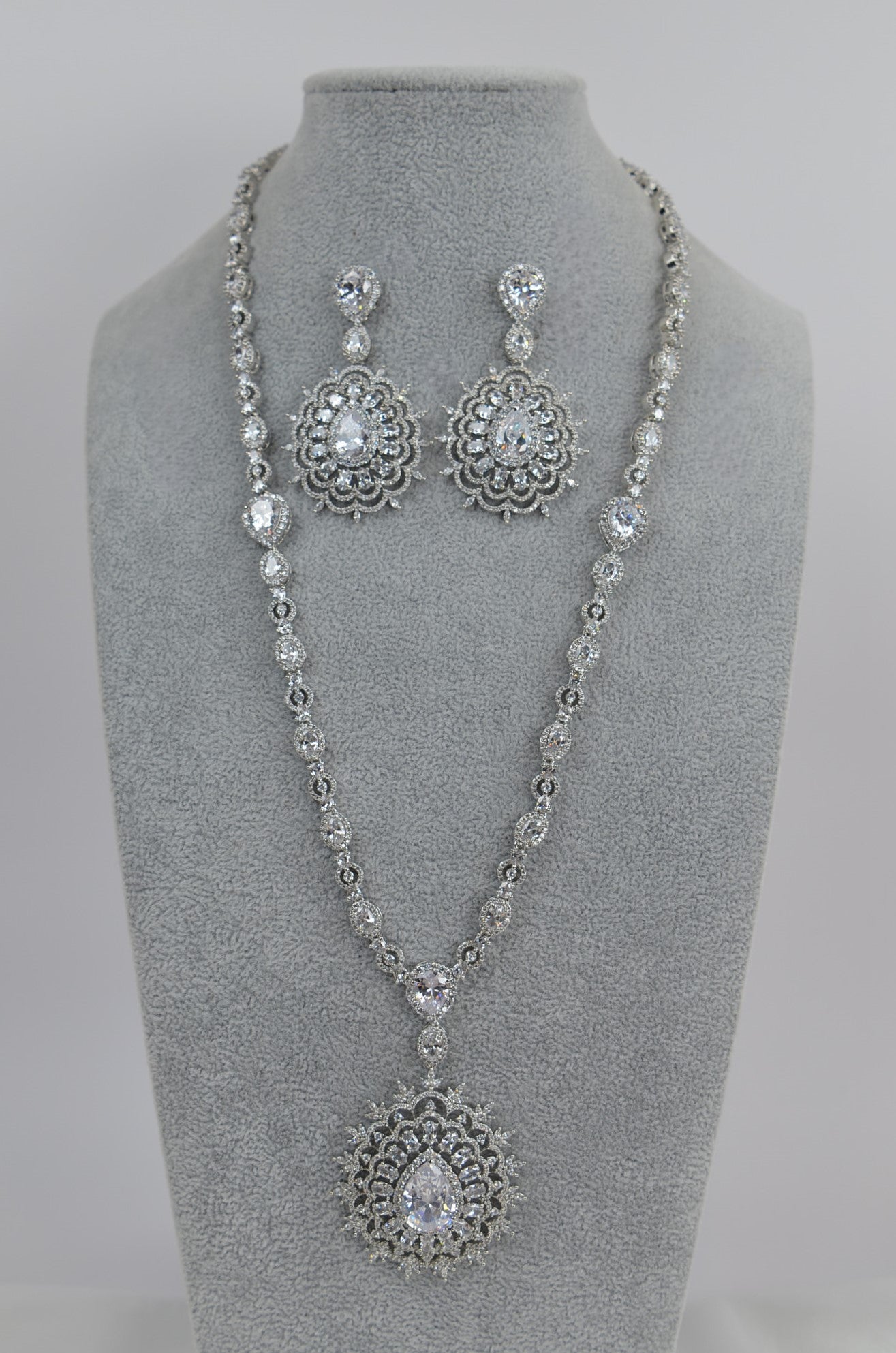 Swarovski Queen CZ Long Necklace Set - Silver