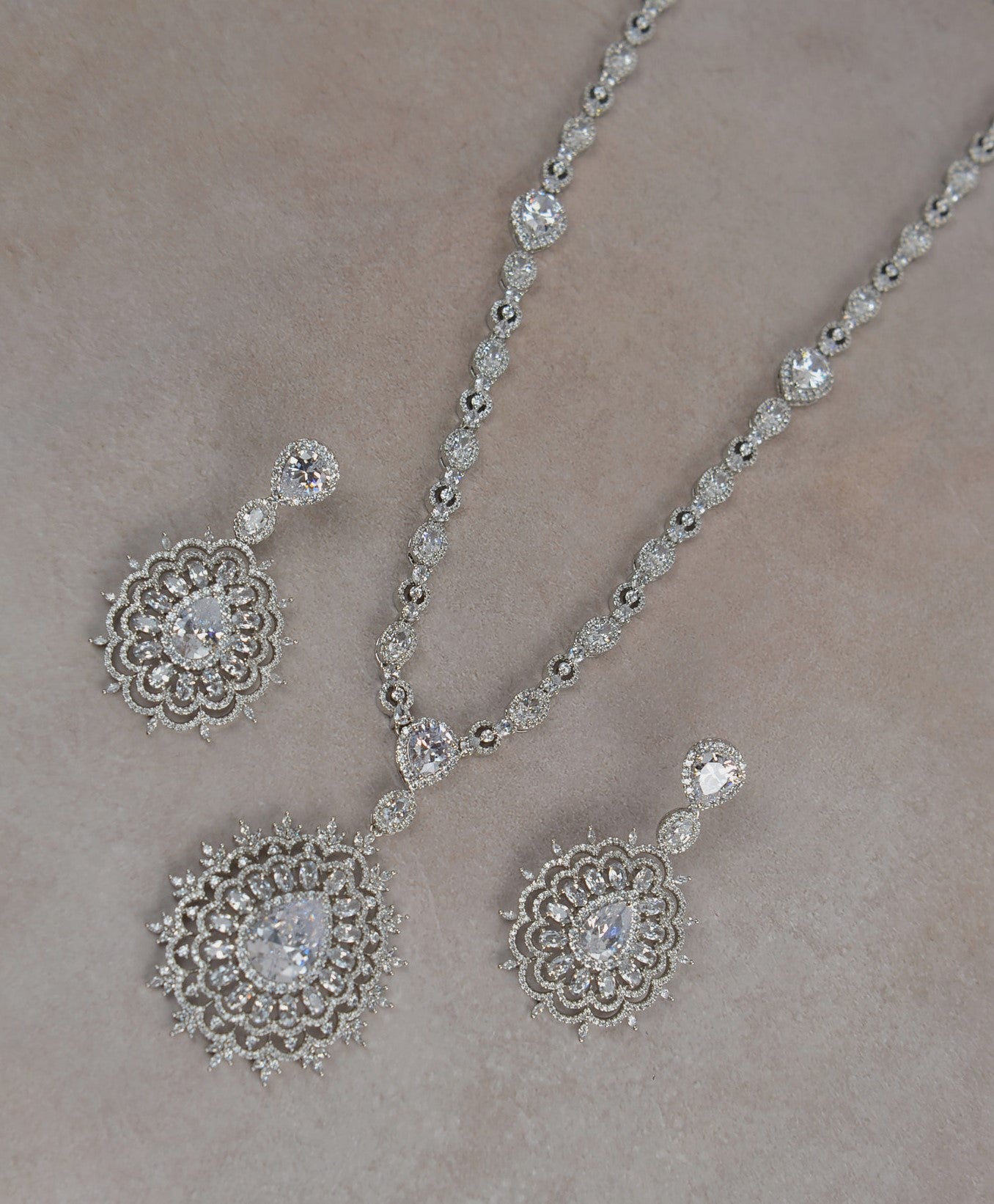 Swarovski Queen CZ Long Necklace Set - Silver