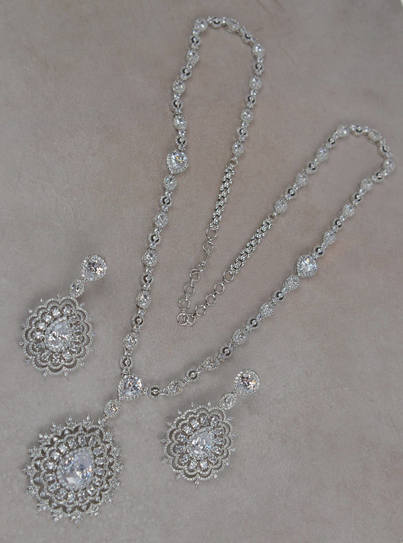 Swarovski Queen CZ Long Necklace Set - Silver