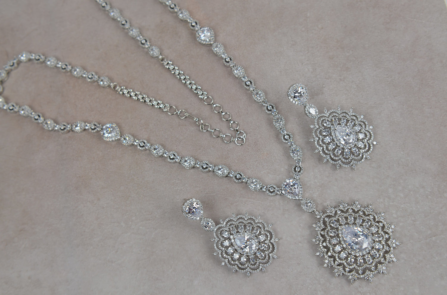 Swarovski Queen CZ Long Necklace Set - Silver