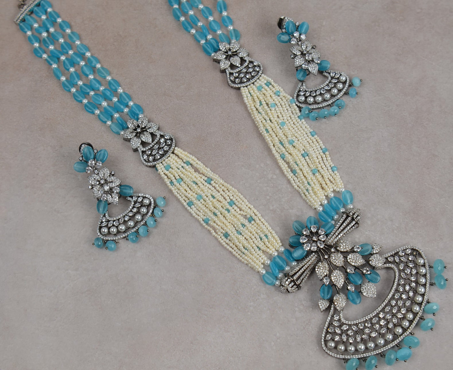Aqua Blue Luxurious Victorian Long Necklace Set