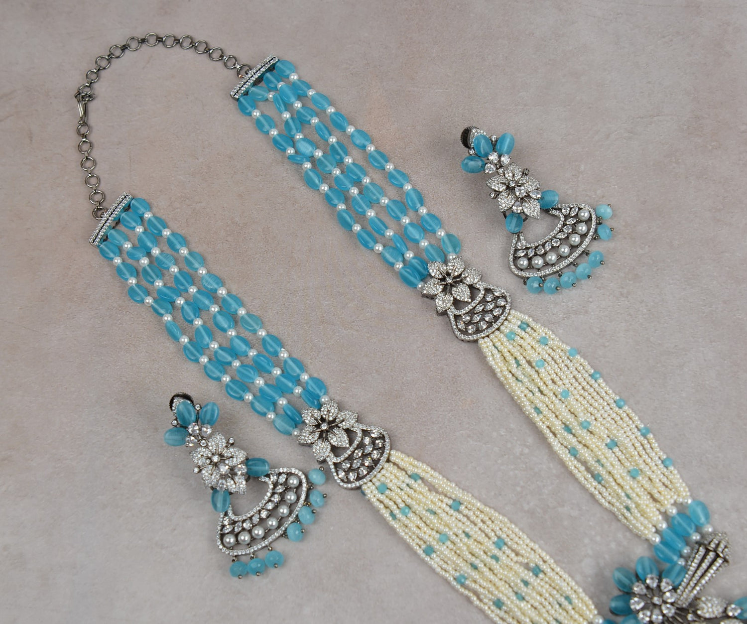 Aqua Blue Luxurious Victorian Long Necklace Set