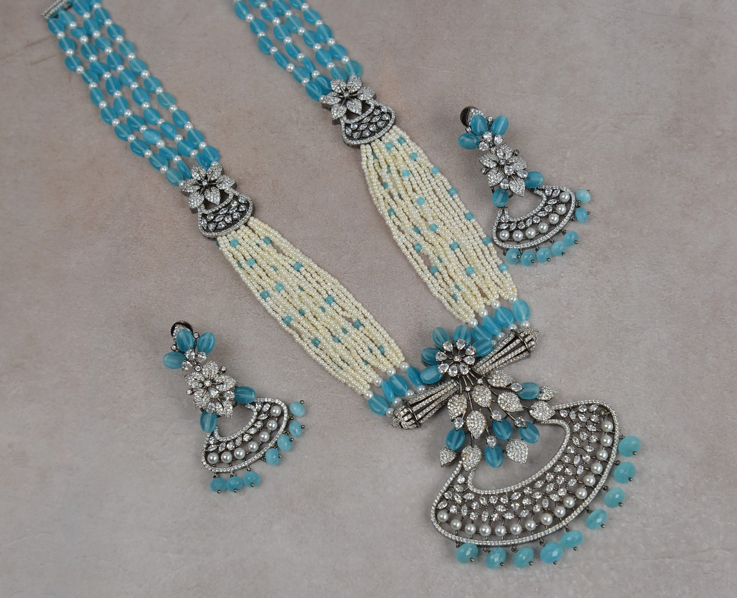 Aqua Blue Luxurious Victorian Long Necklace Set