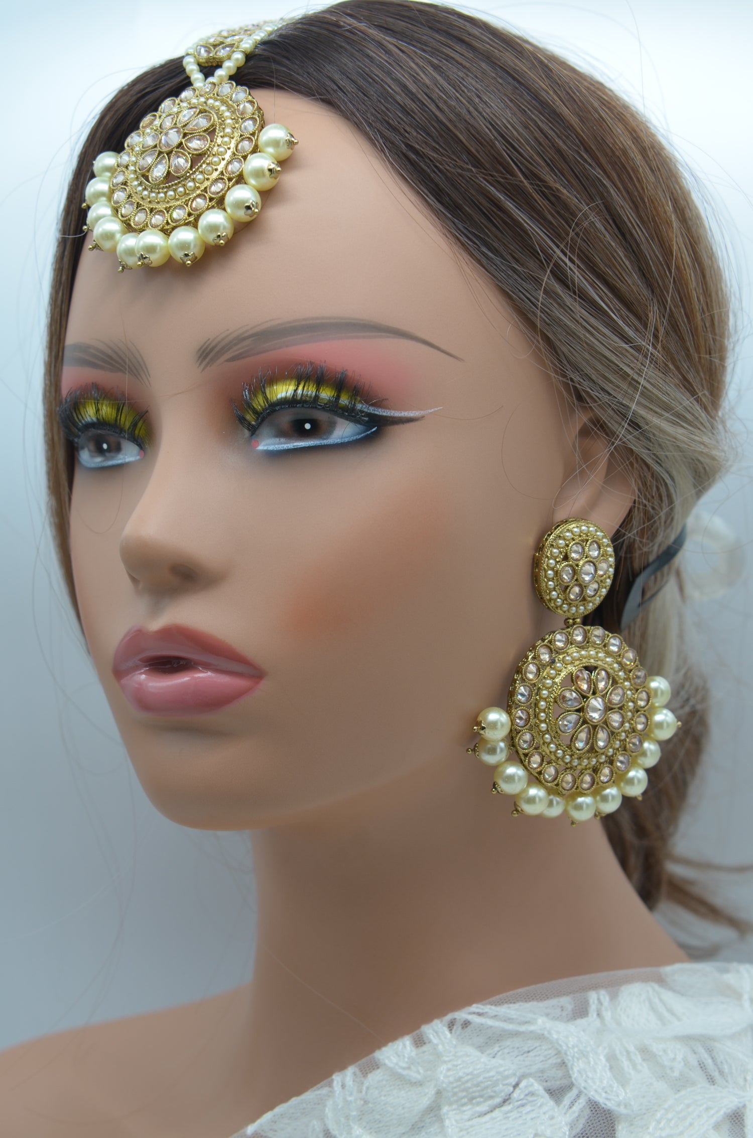Pearl Polki Earrings Maang Tikka Set