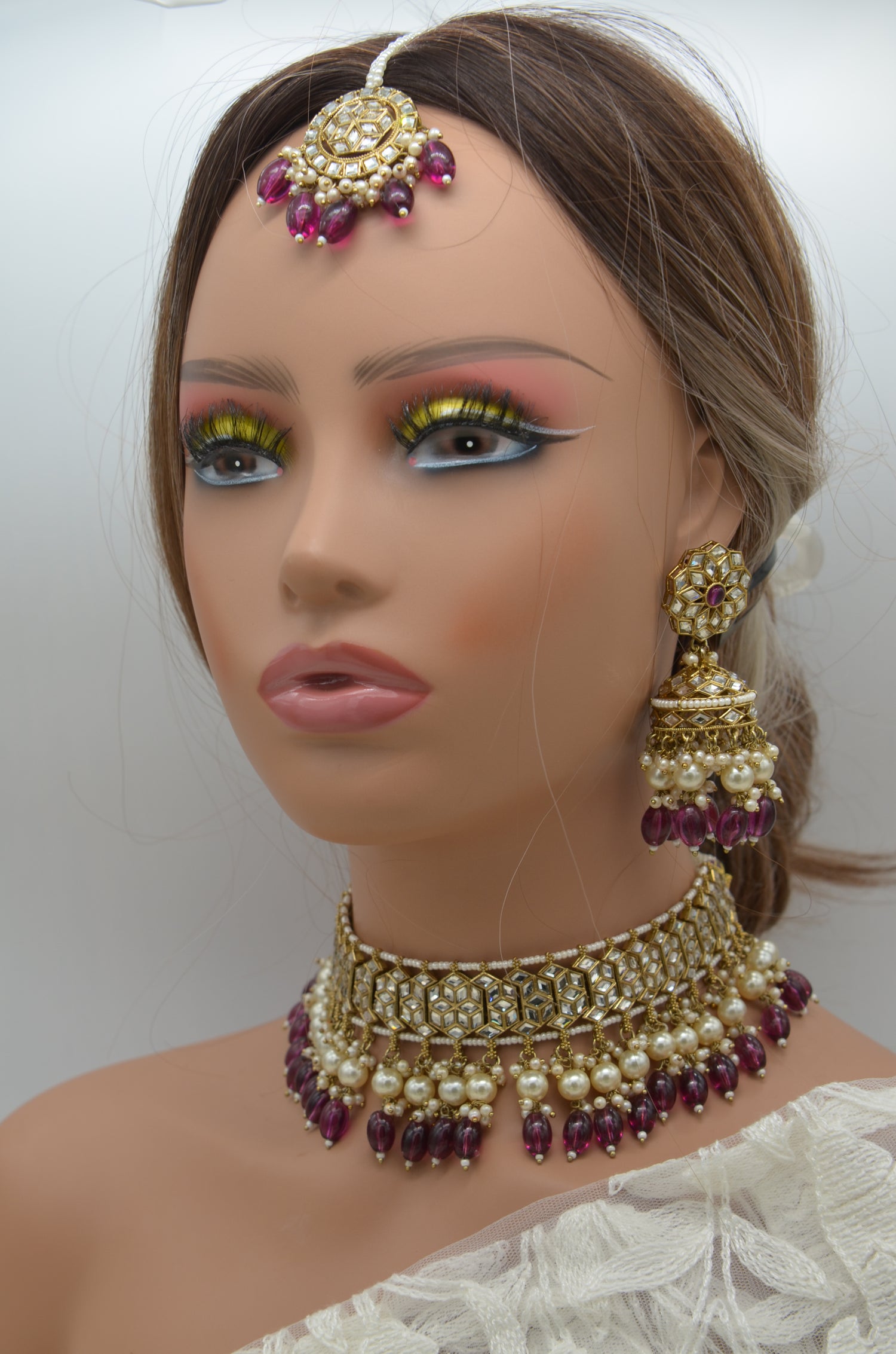 Mirror Kundan Choker Necklace With Jhumki Maang Tikka Set