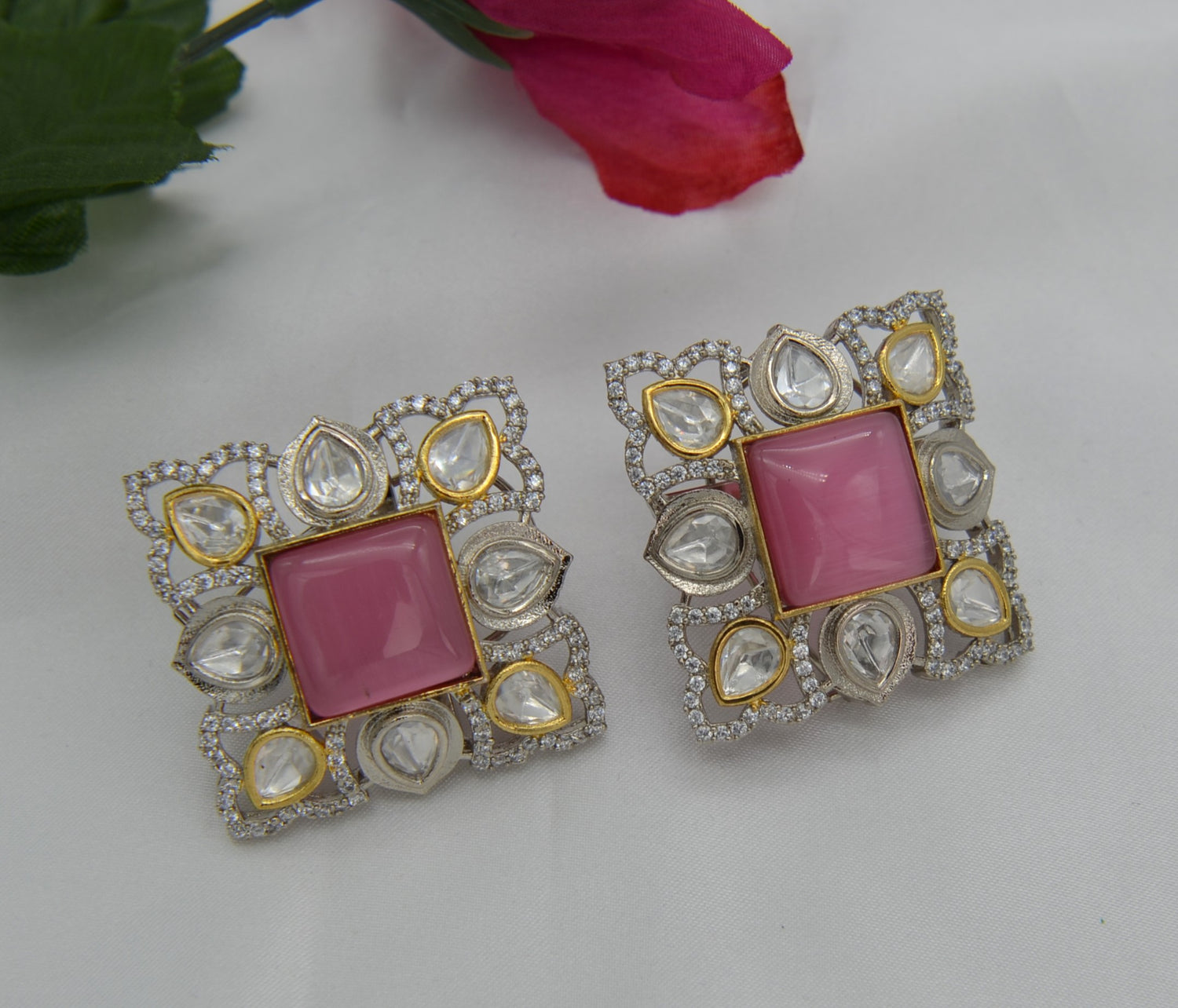 Pink Oversized Kundan Studs & Finger Ring Set