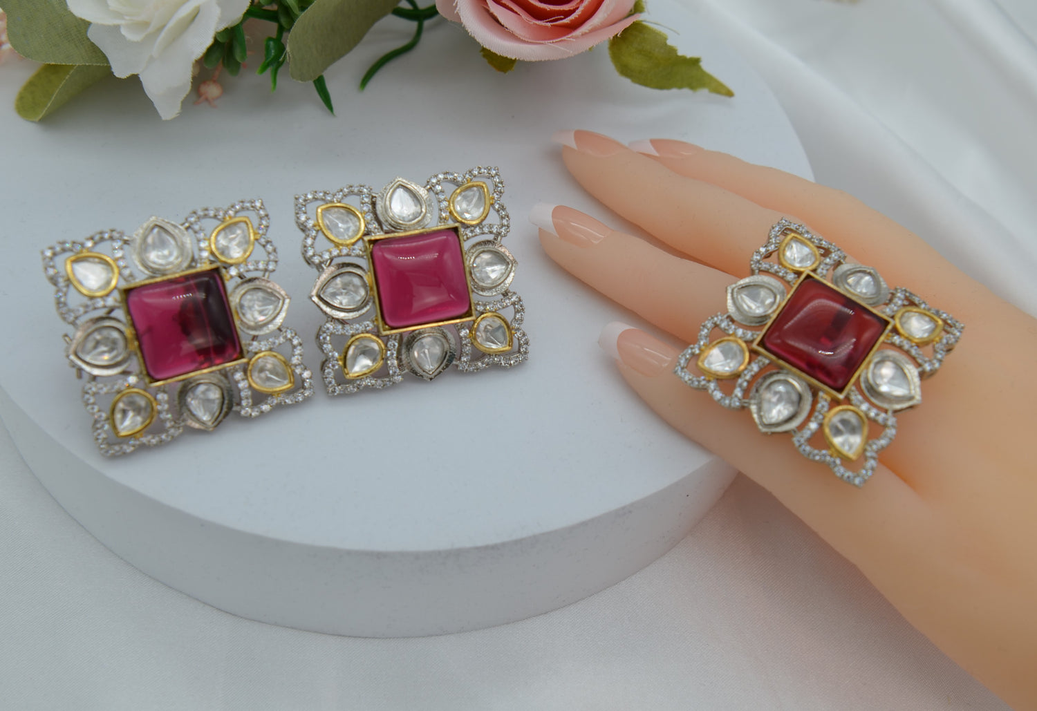 Ruby Oversized Kundan Studs & Finger Ring Set
