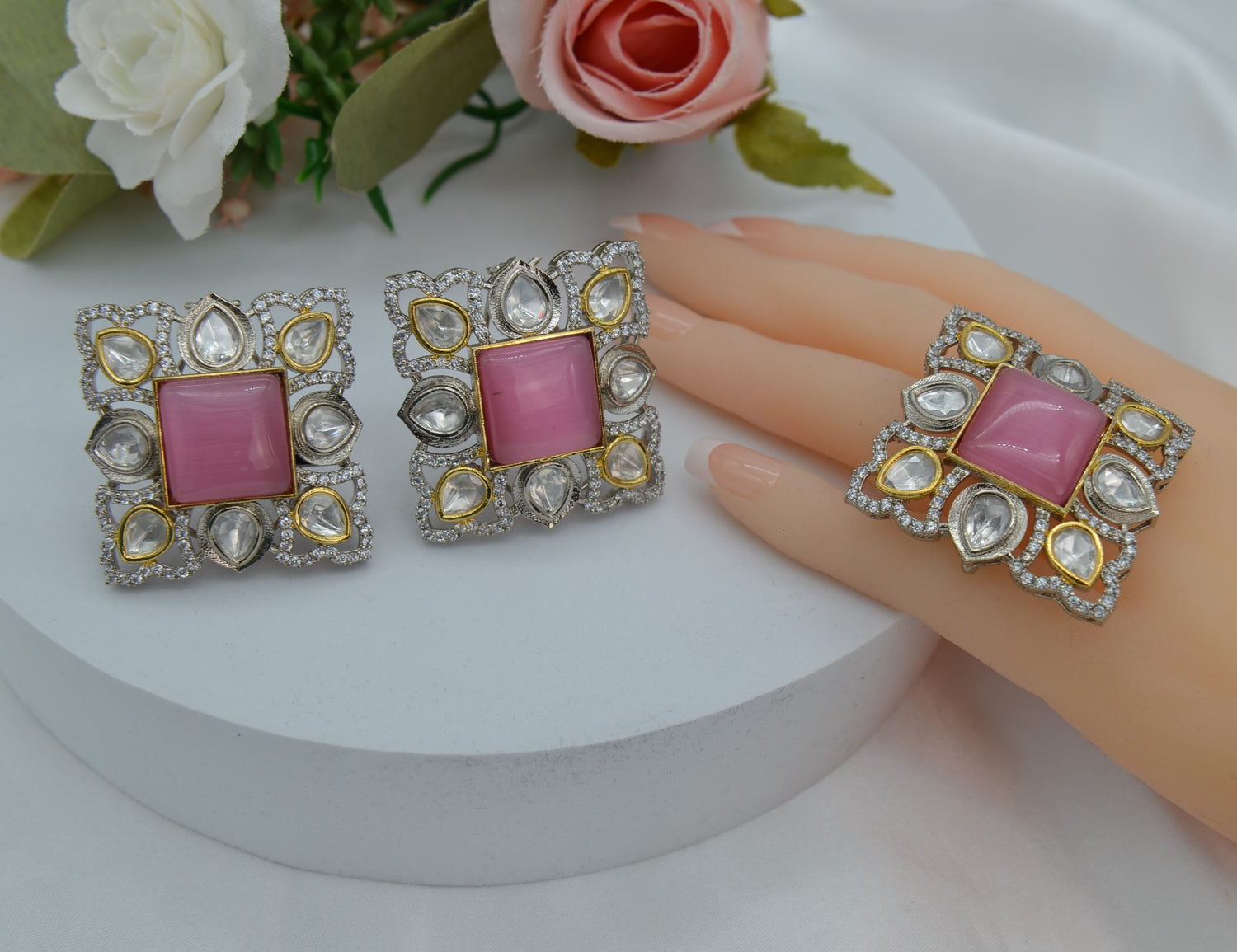 Pink Oversized Kundan Studs & Finger Ring Set