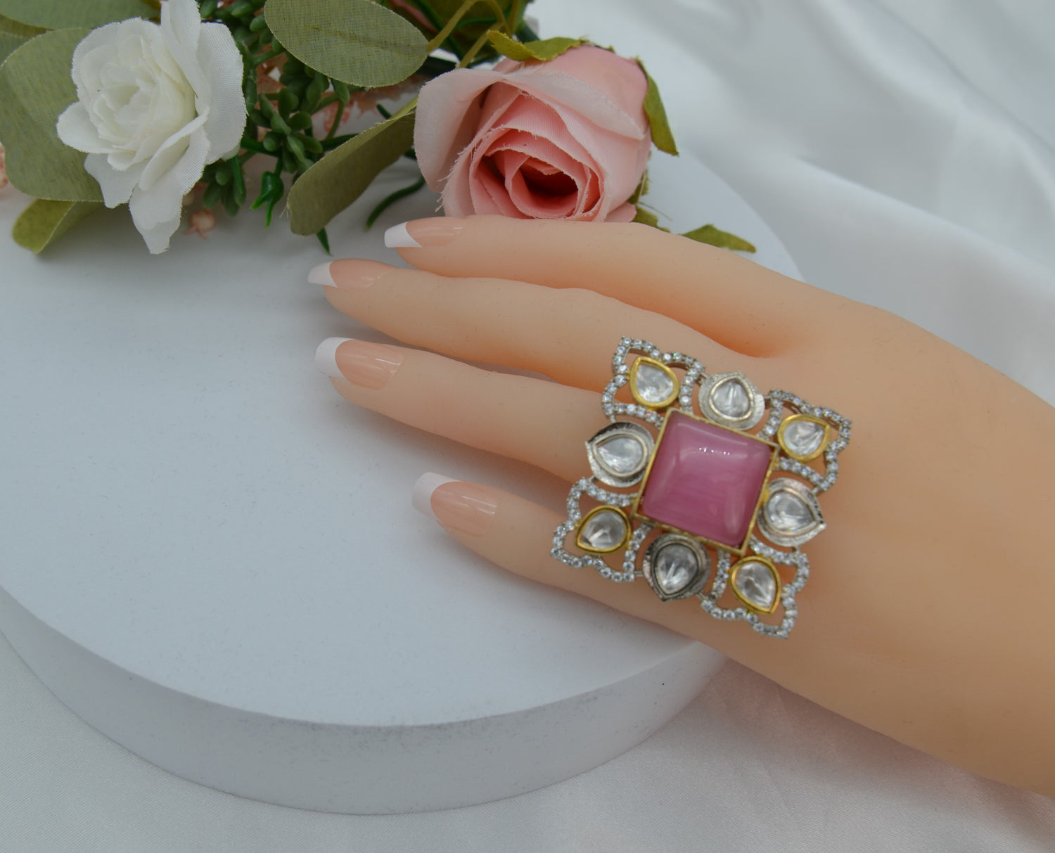 Pink Oversized Kundan Studs & Finger Ring Set