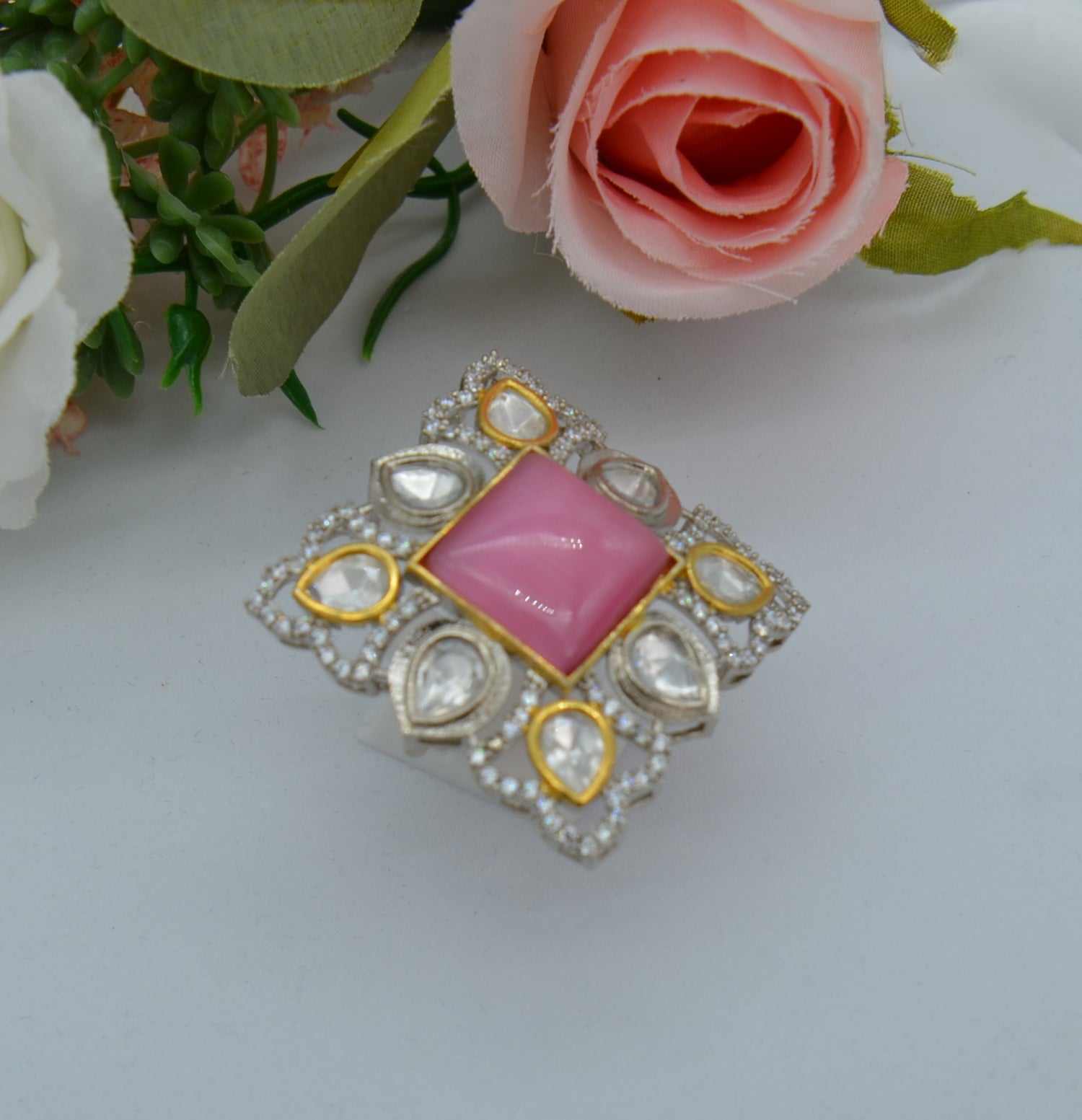 Pink Oversized Kundan Studs & Finger Ring Set