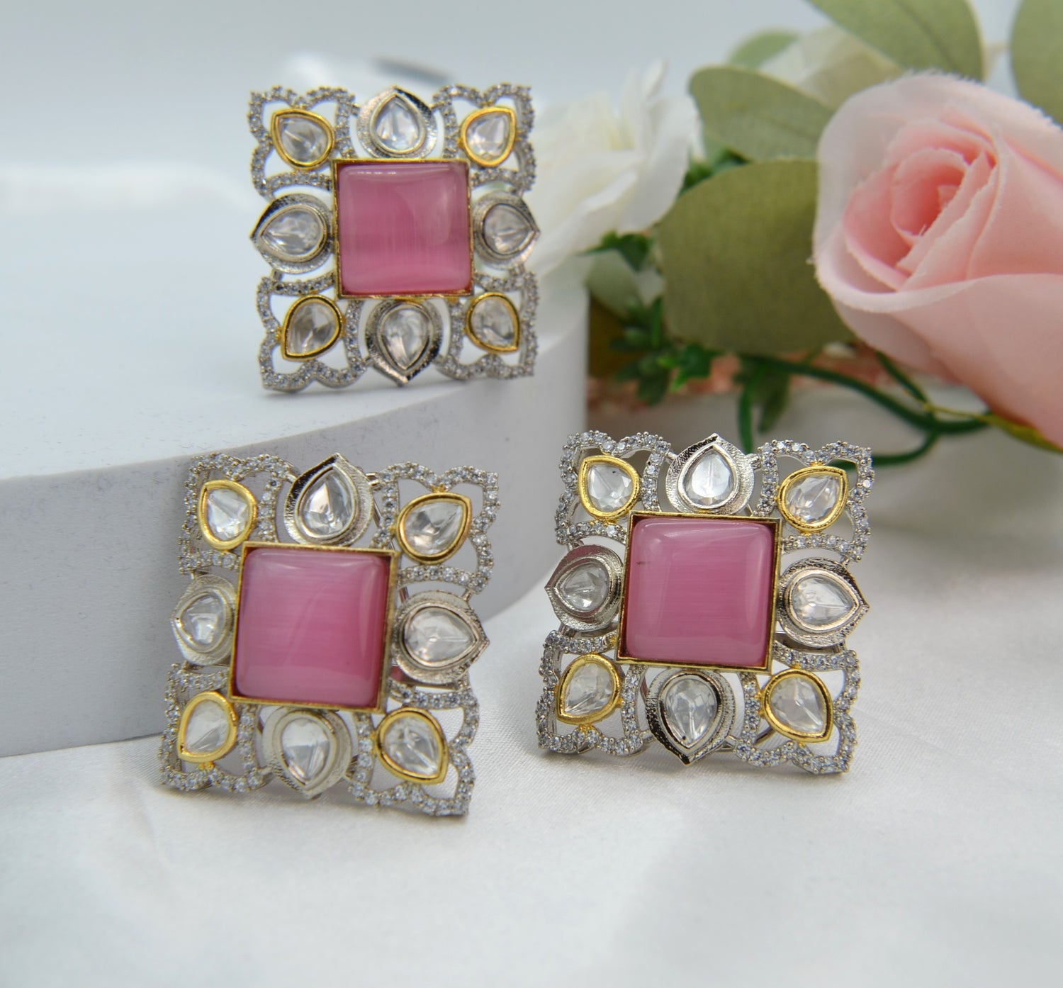 Pink Oversized Kundan Studs & Finger Ring Set