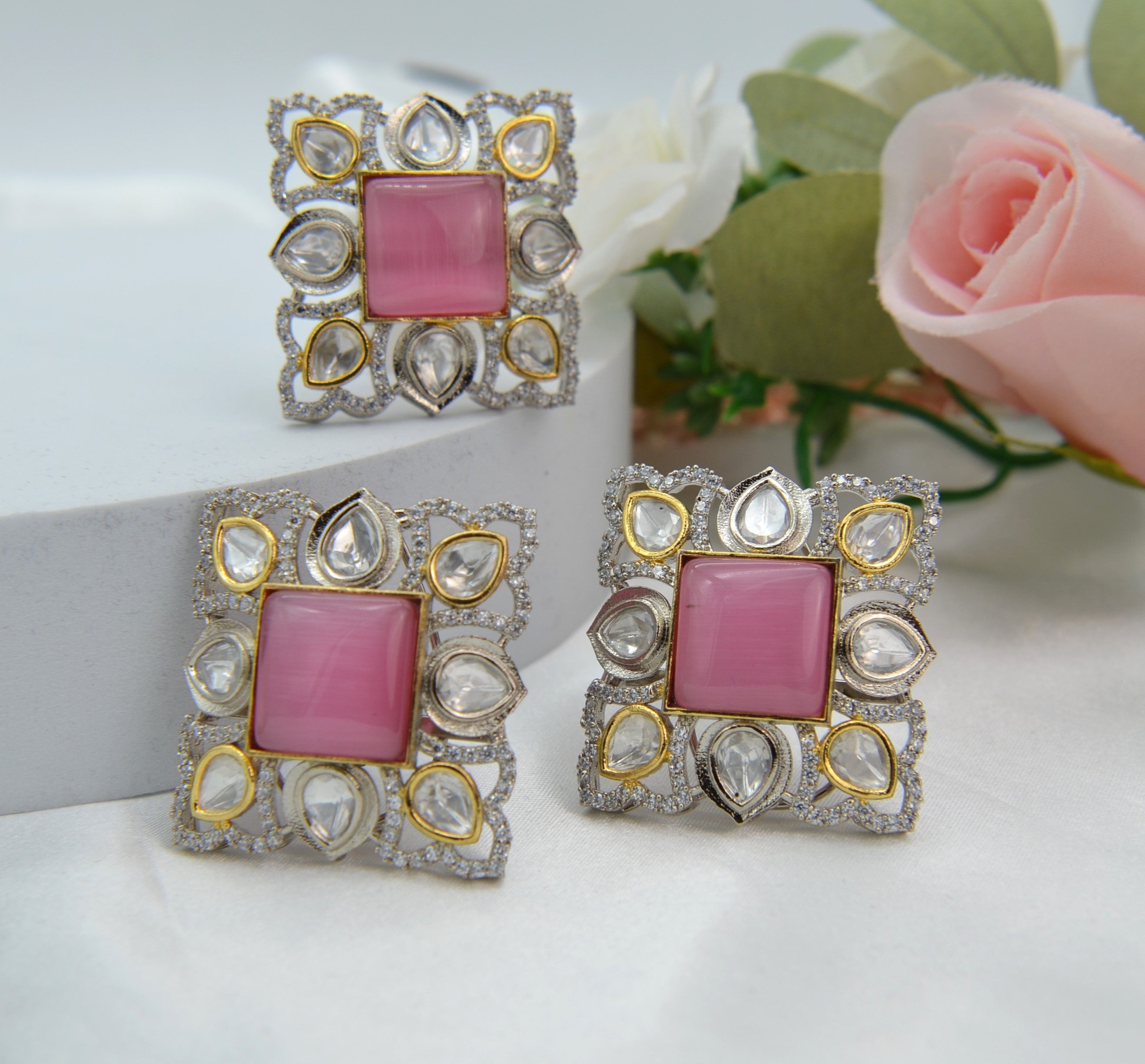 Pink Oversized Kundan Studs & Finger Ring Set