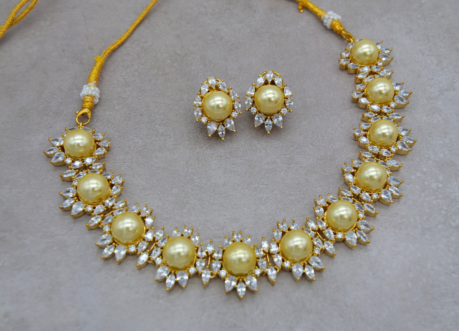 Golden Champagne Pearl Collar Necklace Earrings Set