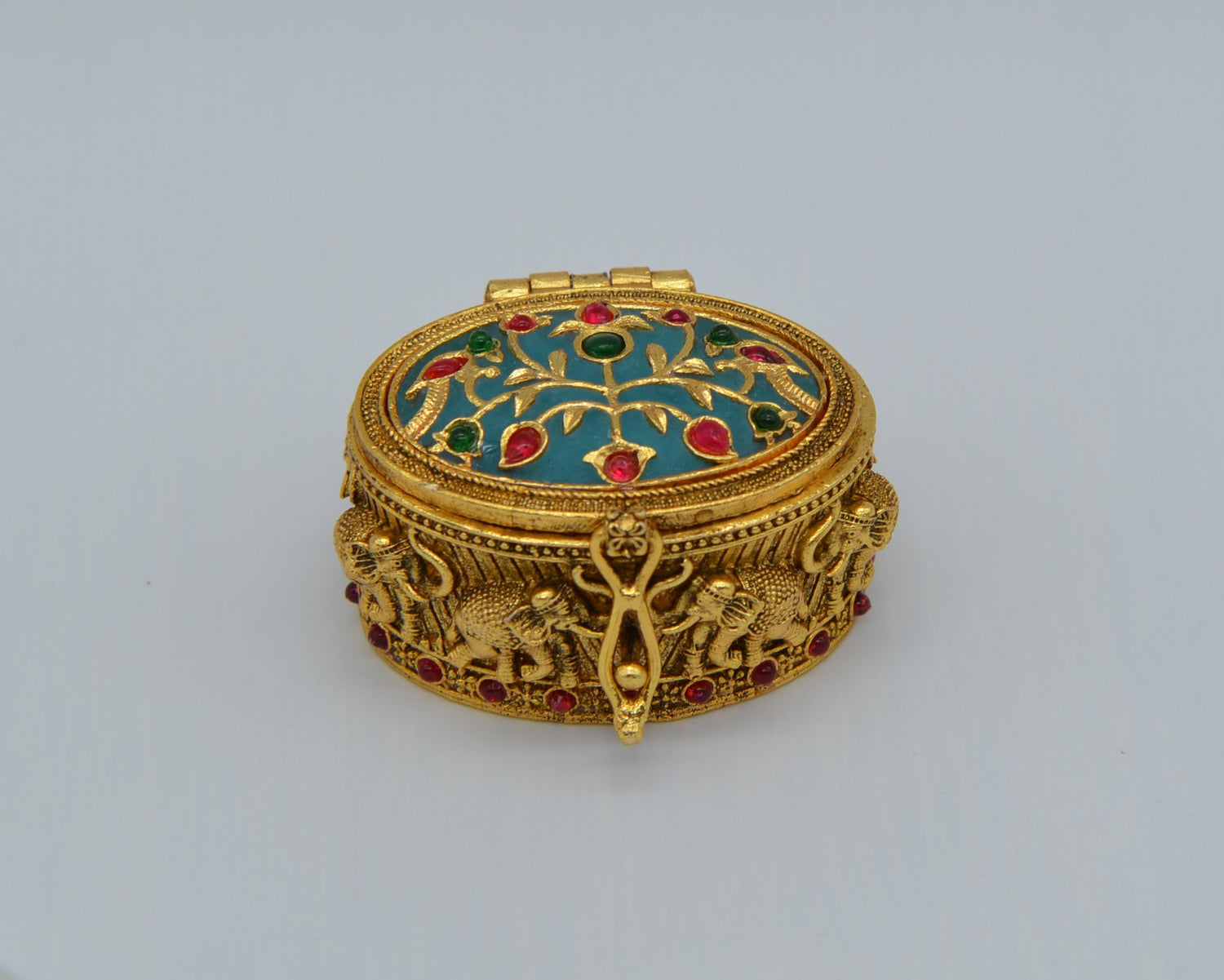 Oval Shape Stone Sindoor Box with Elephant Carving