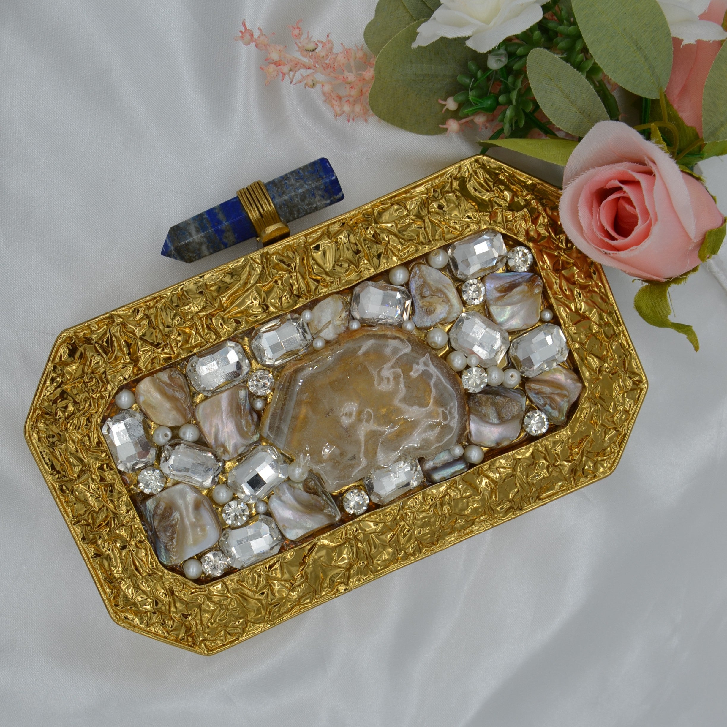 Mother Of Pearl Centre Stone Embellished Clutch