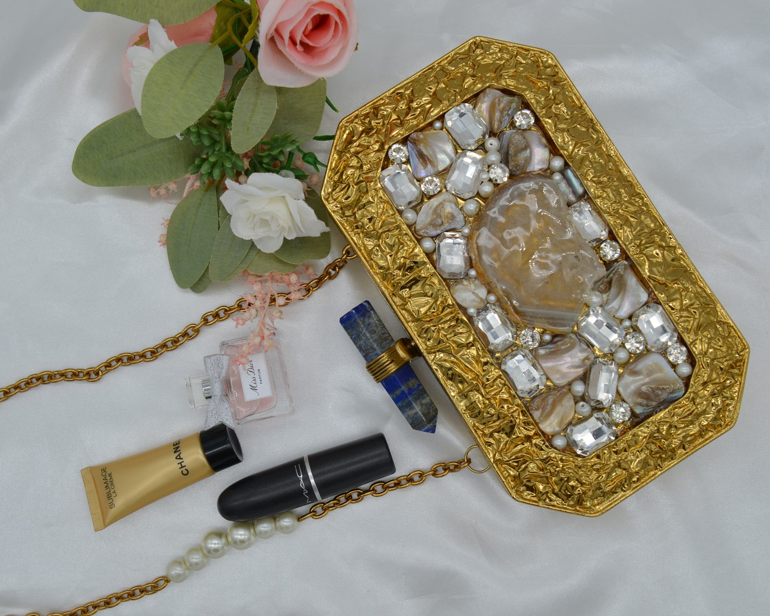 Mother Of Pearl Centre Stone Embellished Clutch