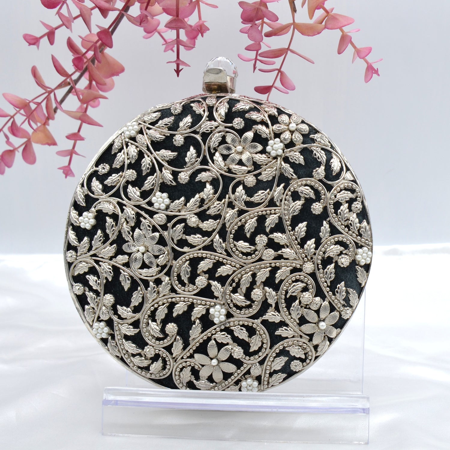 Round Floral Cut Clutch - Silver