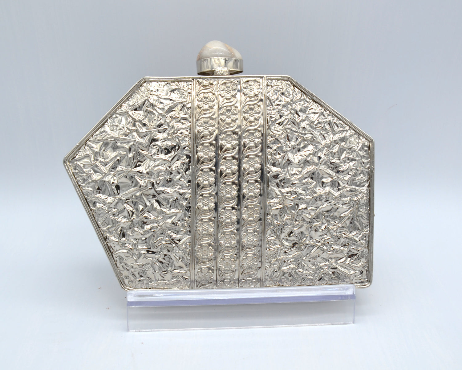 Mother Of Pearl Hexagon Shape Clutch Silver