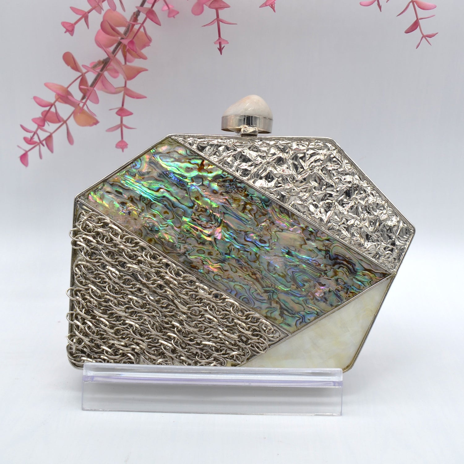 Mother Of Pearl Hexagon Shape Clutch Silver