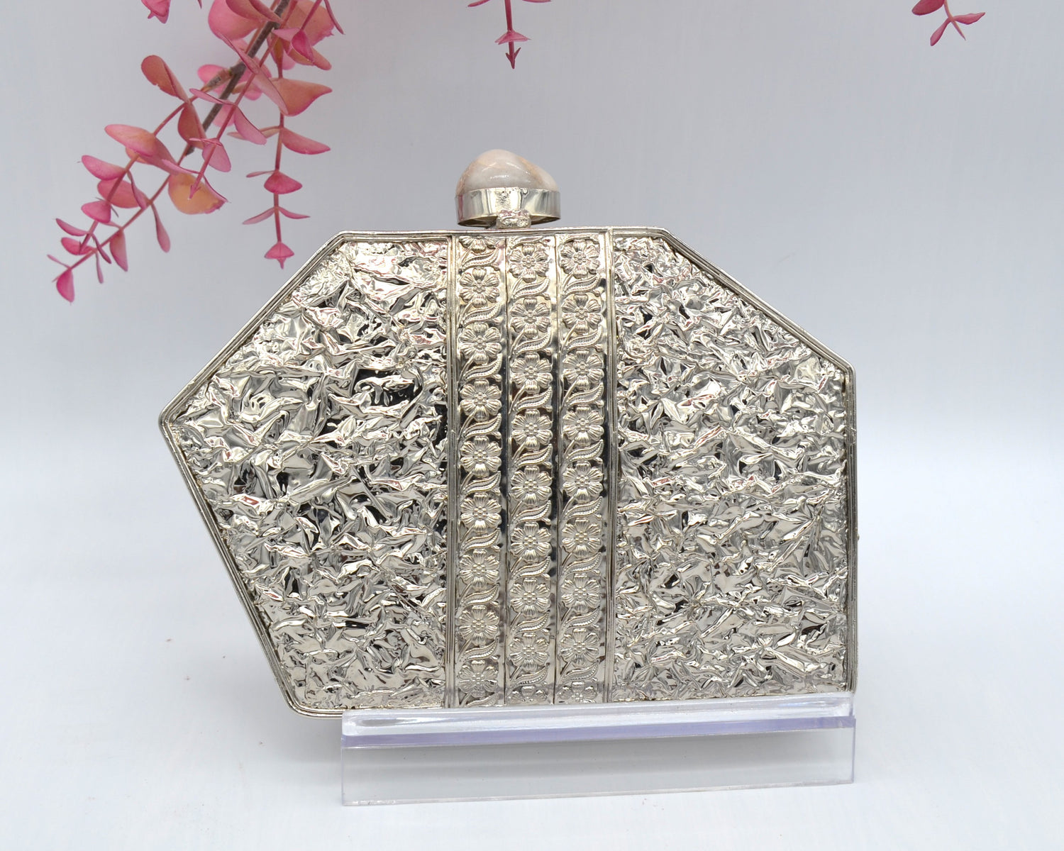 Mother Of Pearl Hexagon Shape Clutch Silver