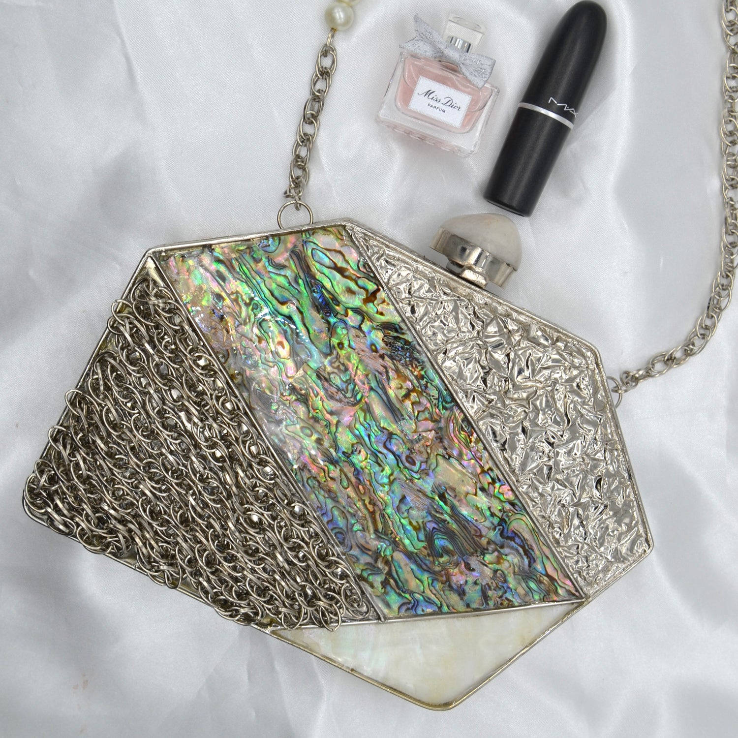 Mother Of Pearl Hexagon Shape Clutch Silver