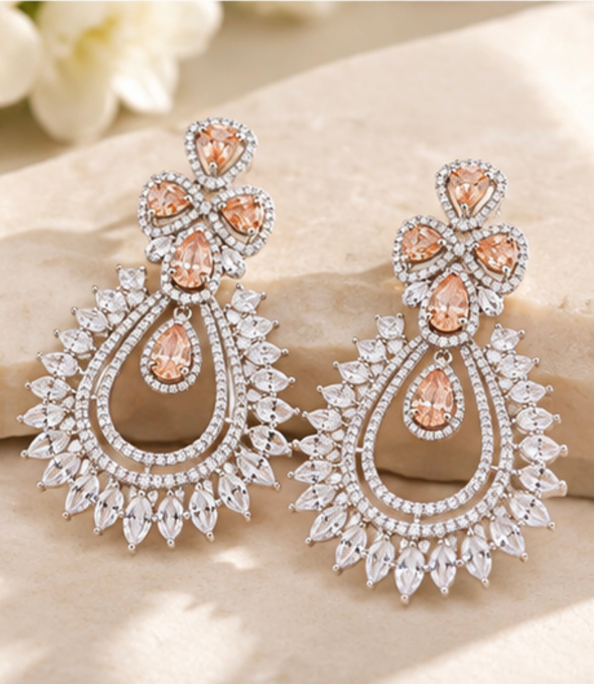Silver CZ Monalisa Stone Dangler Long Earrings – handcrafted American Diamond Indian earrings by Sparkling Trendz