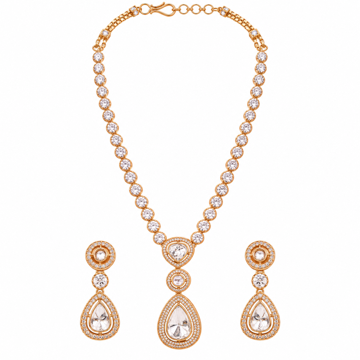 Gold Moissanite Polki Necklace with Earrings – necklaces by Sparkling Trendz, view 4