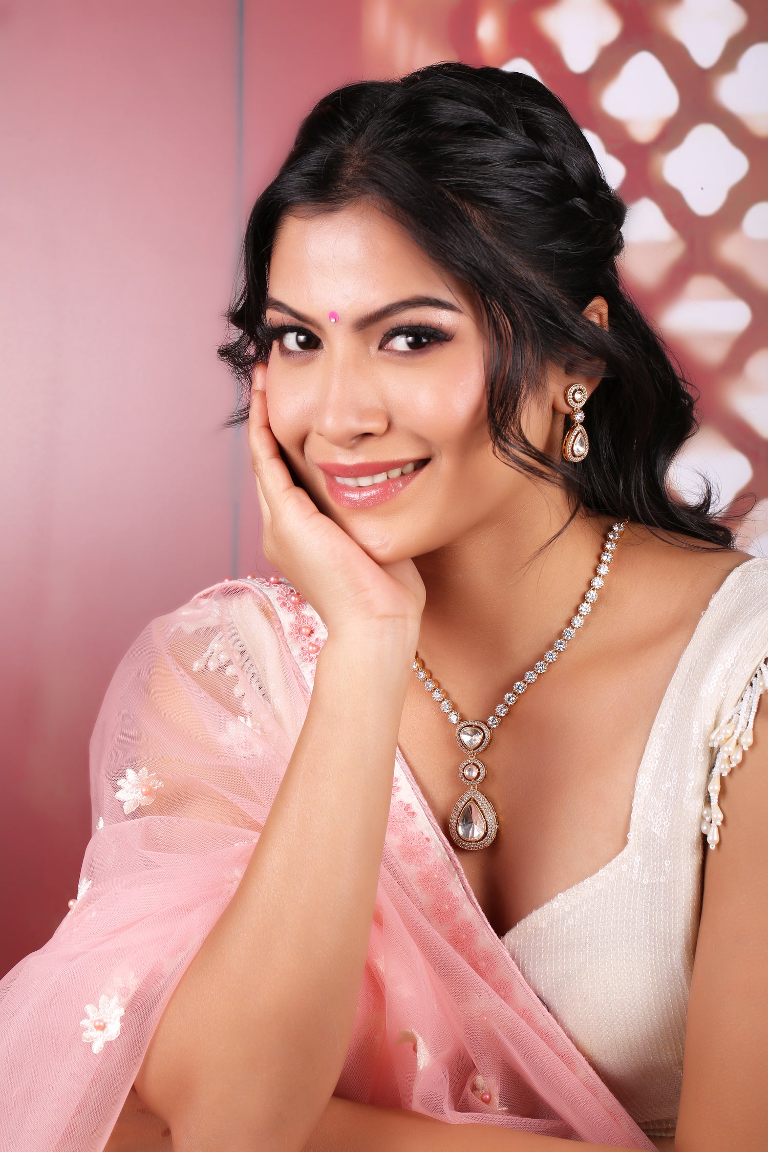 Gold Moissanite Polki Necklace with Earrings