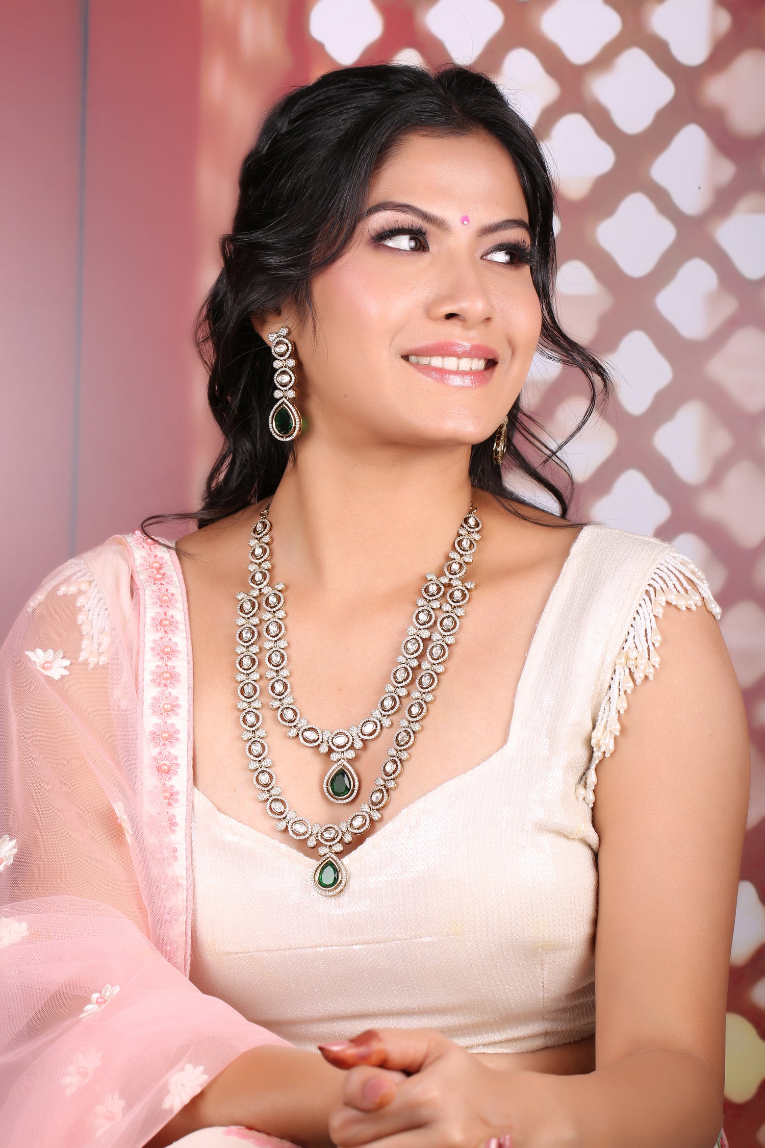 Emerald Victorian AD Moissanite Double Layer Necklace Set