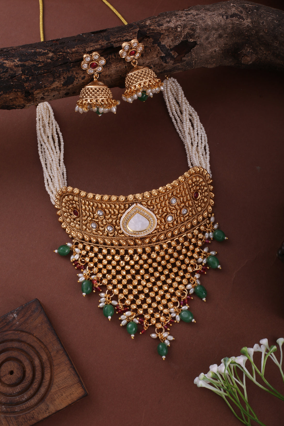 Antique Gold Multicolor Pearl Choker Necklace Set